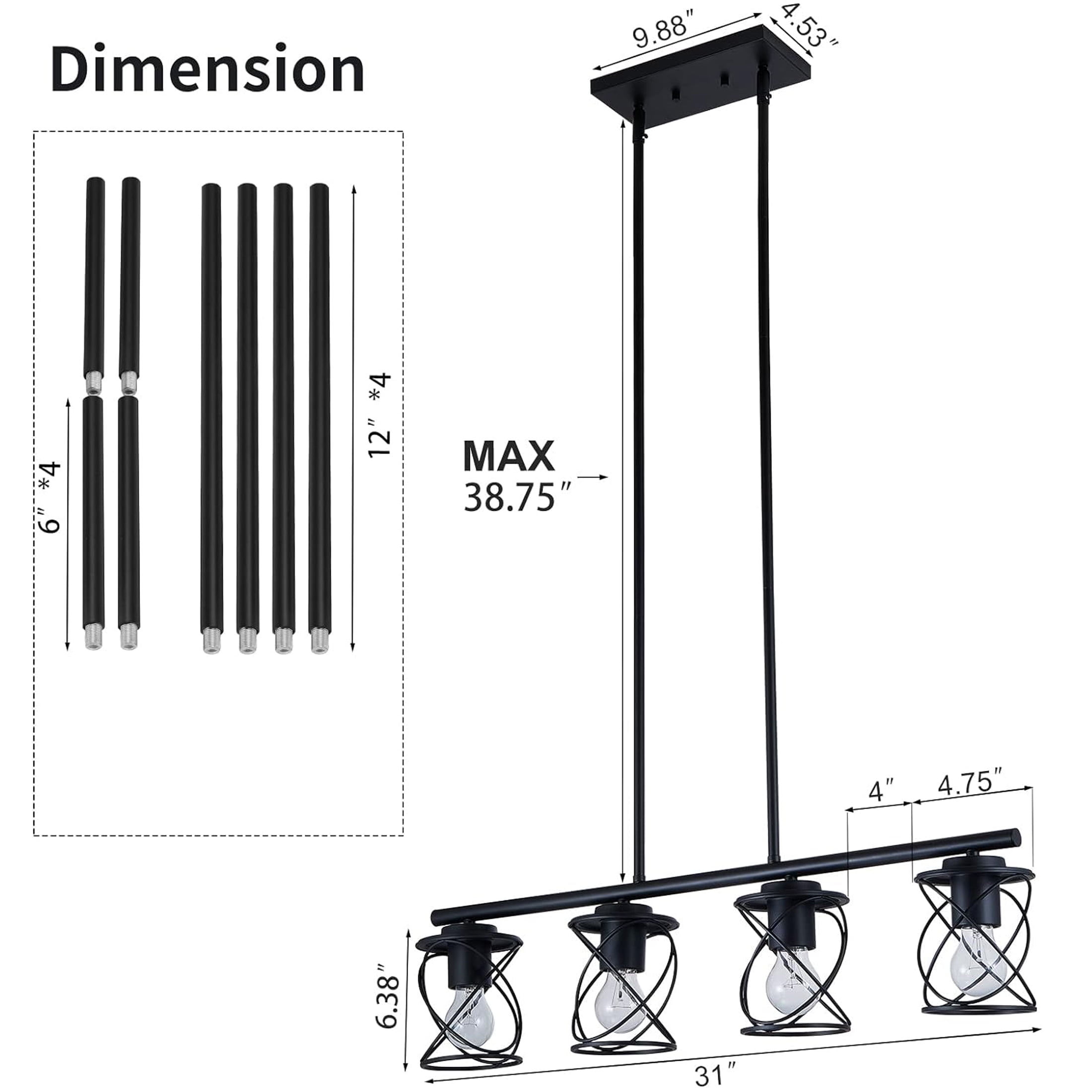 4-Light Kitchen Island Light, Dining Room Lighting Fixtures Hanging for Kitchen Island Table Living Room, Black Metal - Image 6