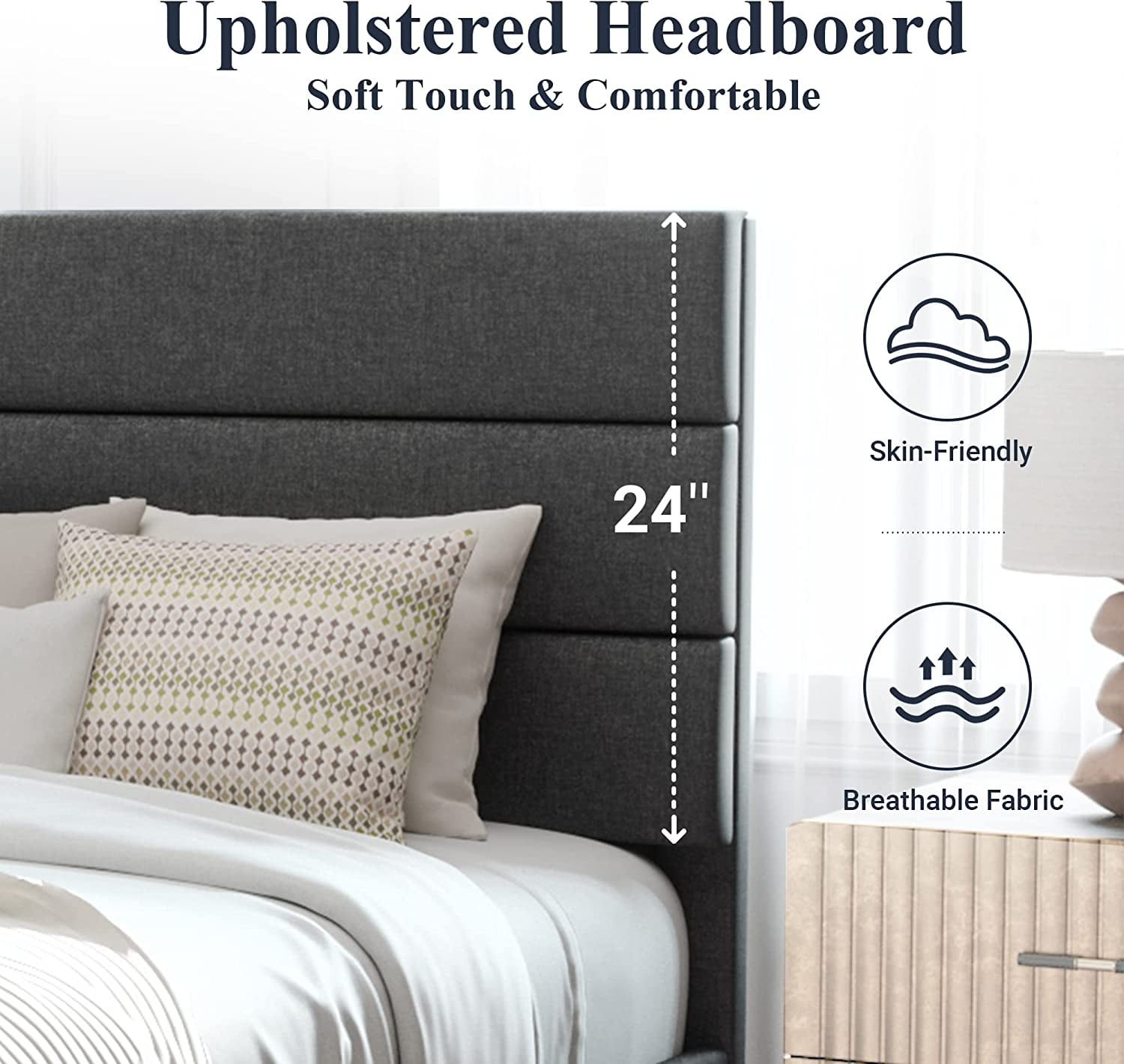 Allewie Queen Size Platform Bed Frame with Fabric Upholstered Headboard, No Box Spring Needed, Dark Grey - Image 2