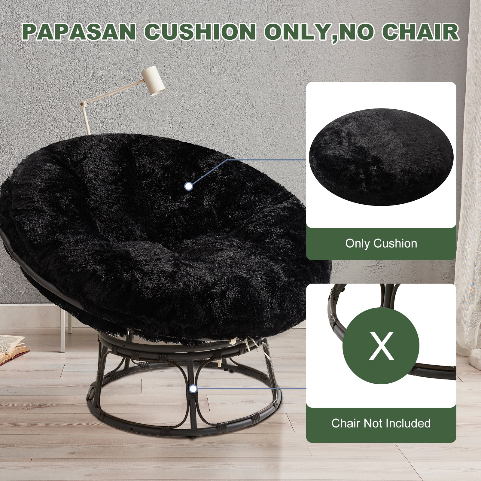 BYBYME Papasan Chair Cushion with Long Faux Fur Cover (Without Chair), 44X44 Inch Supportive Cushion, Fluffy and Furry Papasan Cushion Cover, Black - Image 3