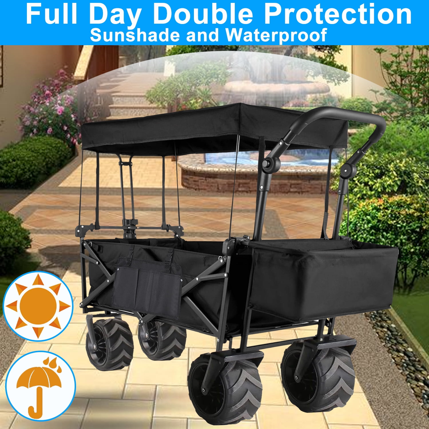 Folding Wagon Cart with Removable Canopy, All-Terrain Wheels,Utility Cart for Grocery, Garden, Shopping, Outdoor, Beach - Image 5