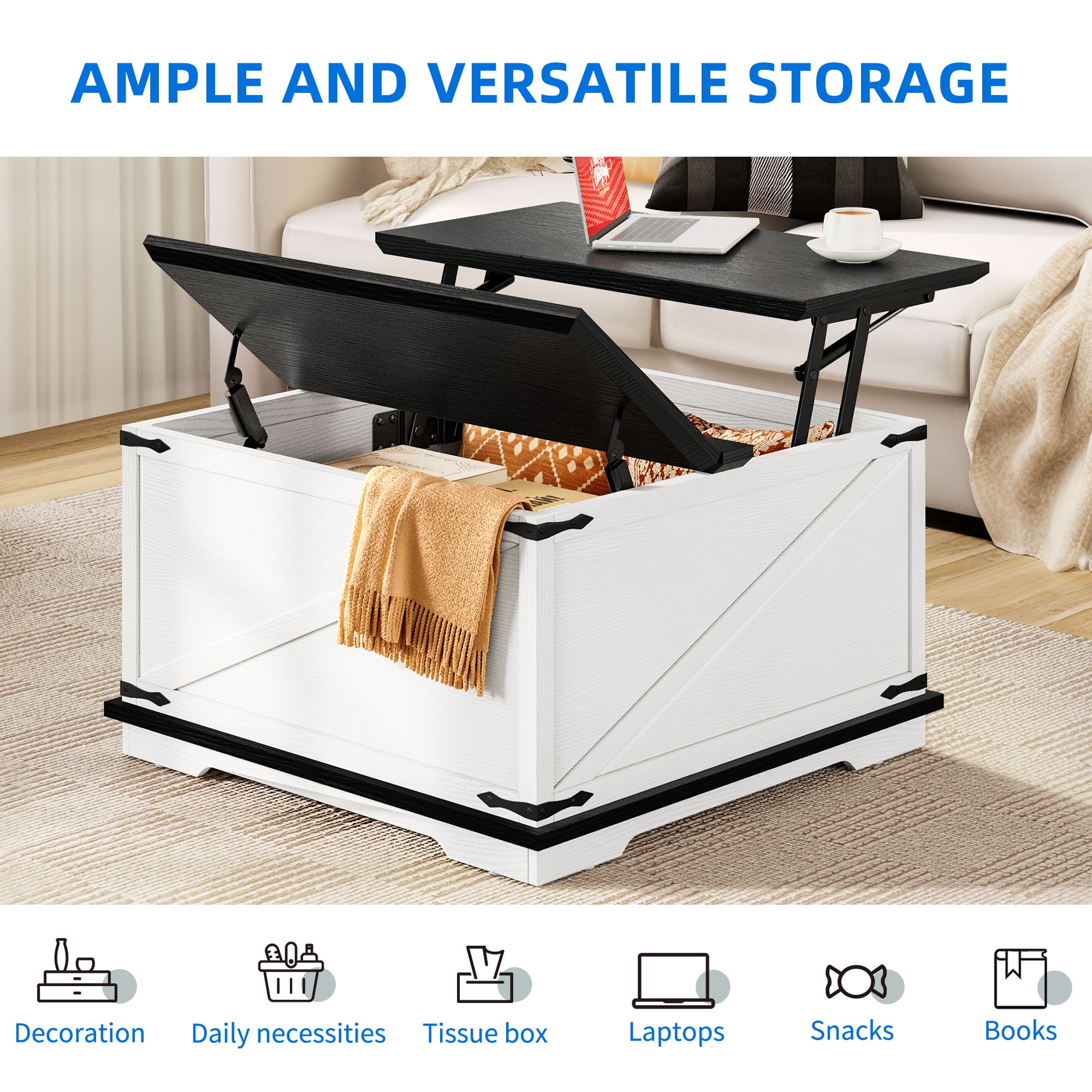 Dextrus Farmhouse Square Lift Top Coffee Table with Storage, Wood Center Table for Living Room, White and Black - Image 6