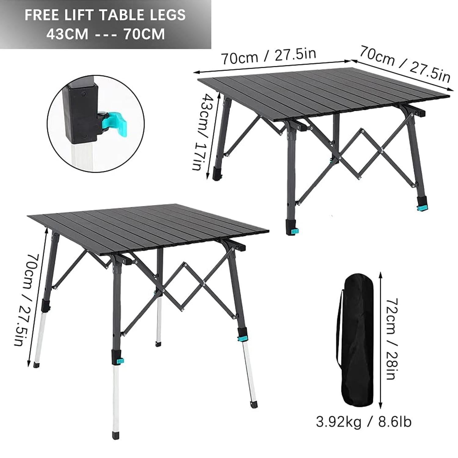 Zzbiqs Roll Top Camping Table with Aluminum Legs , Portable Folding Adjustable Height , 27.5Lx27.5Wx27.5H, Silver - Image 4