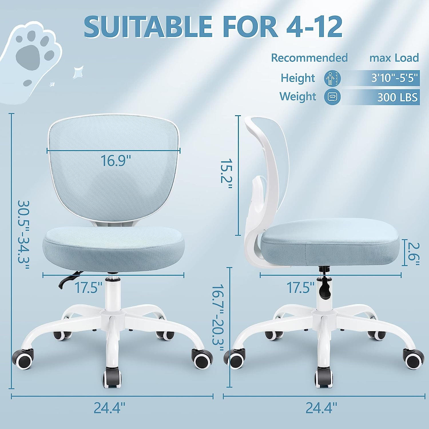 Coolhut Kids Desk Chair, Ergonomic Children Study Computer Chair Adjustable, Breathable Mesh Office Chair with Wheels, Armless Rolling Swivel School Task Chair for Boys Girls Age 4-12 in Home Bedroom - Image 2