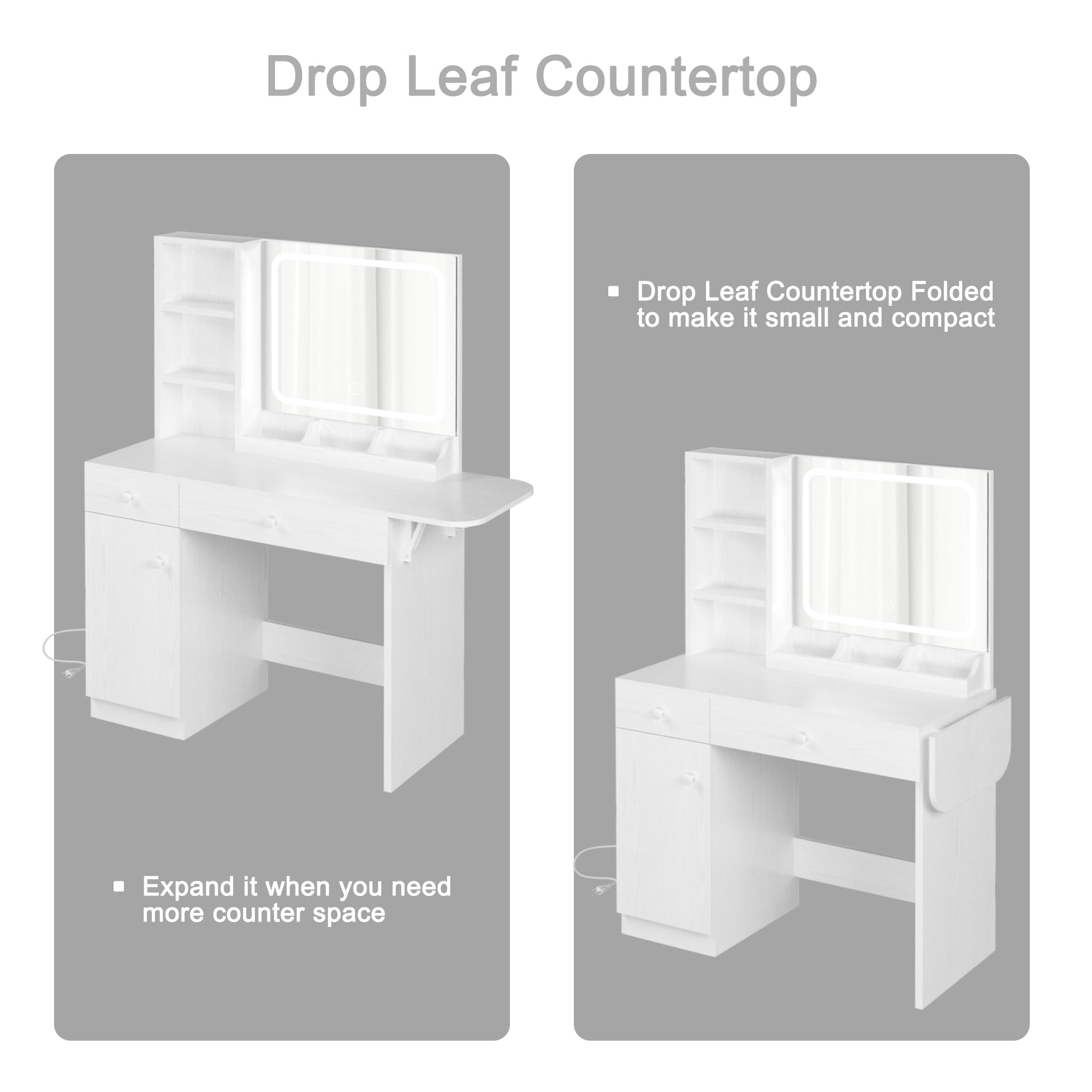 IRONCK LED Lights Vanity Desk with Mirror, Power Outlet, Drawers and Cabinet, White - Image 3