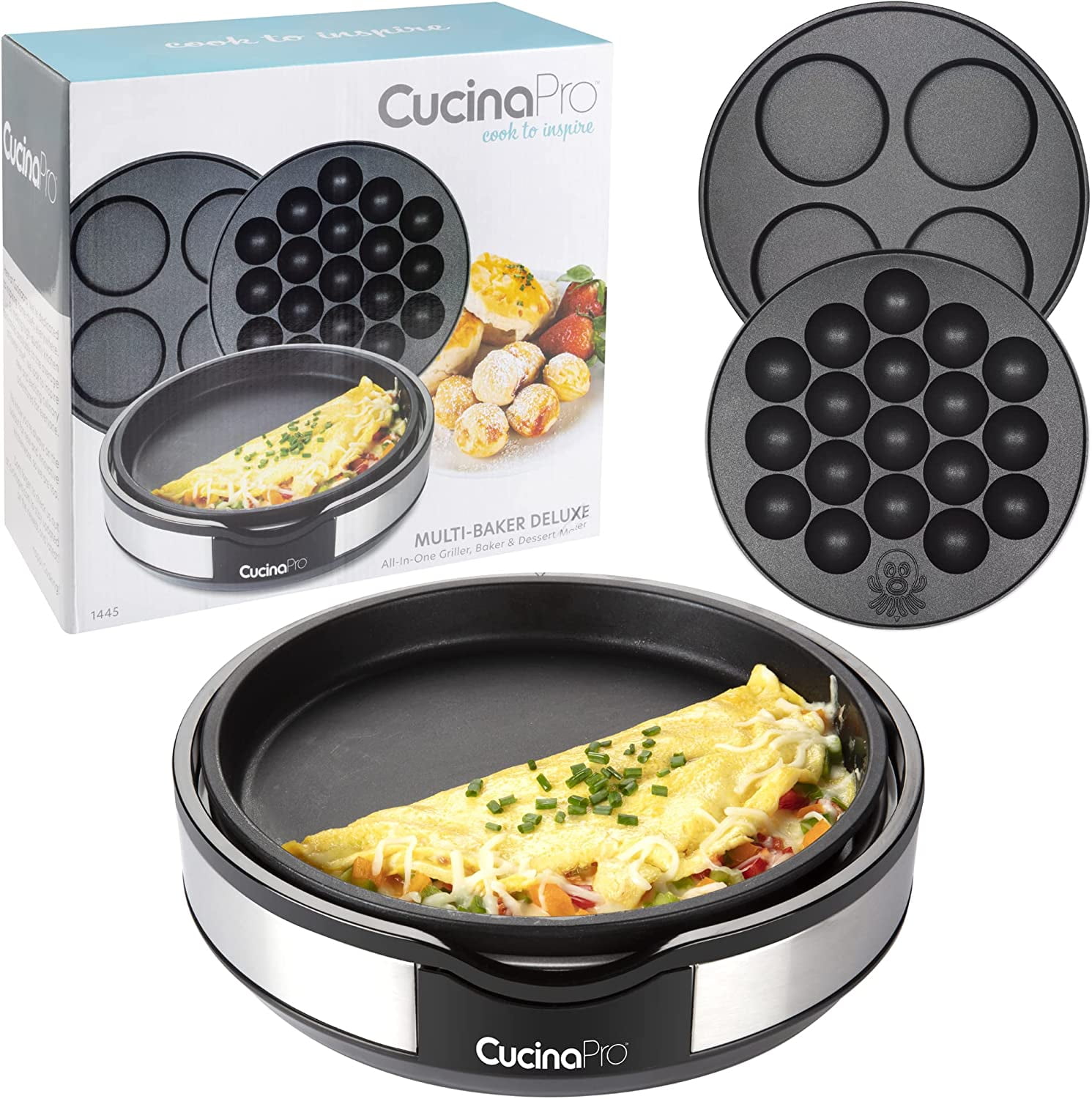 Cucinapro Multi Baker Deluxe- Baking Made Easy- Electric Appliance w Temp Control, 3 Interchangeable Skillets for Grilling, Baking or Dessert - Grilled Cheese, Omelets Pizza, Sandwiches, Cake Pops - Image 5