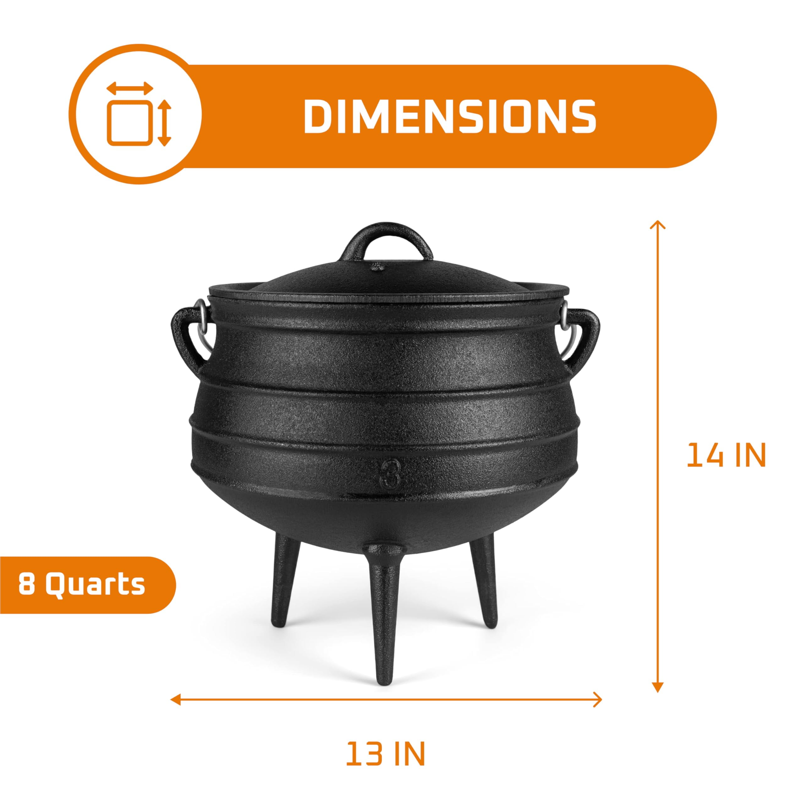 Bruntmor 8-Quart Pre-Seasoned Cast Iron Cauldron - African Potjie Pot with Lid - 3-Legged Pot for Even Heat Distribution - Outdoor Cast Iron Dutch Oven Cookware for Campfire Cooking and Boiling - Image 4