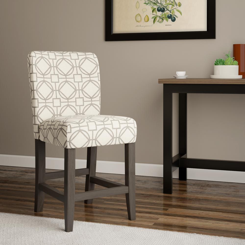 Wooden 24 Inch Counter Height Stool with Trellis Pattern Fabric Upholstery Cream and Gray - Saltoro Sherpi - Image 8