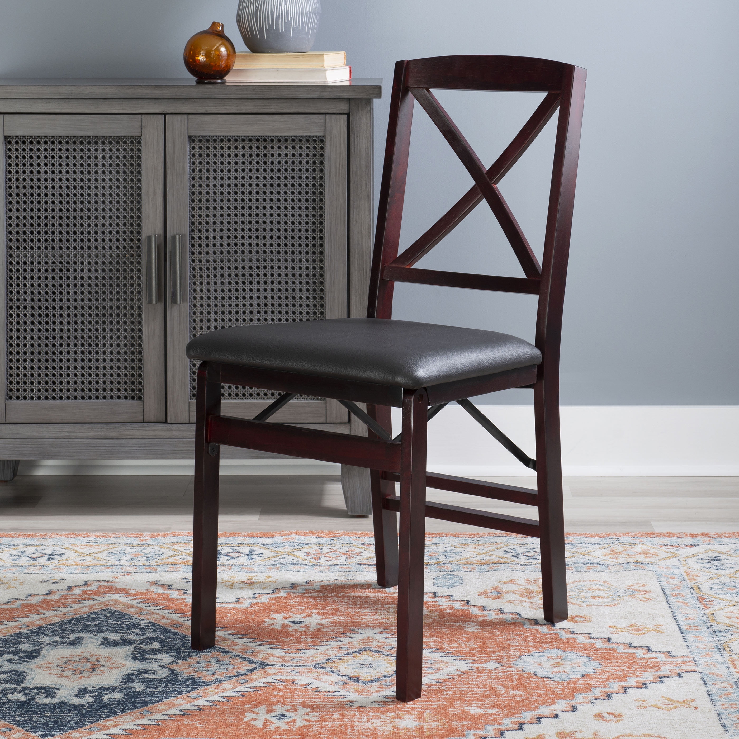 Linon Farrow Indoor Faux Leather Folding Chair with Cross-Back, Set of 2, Merlot/Dark Brown - Image 3