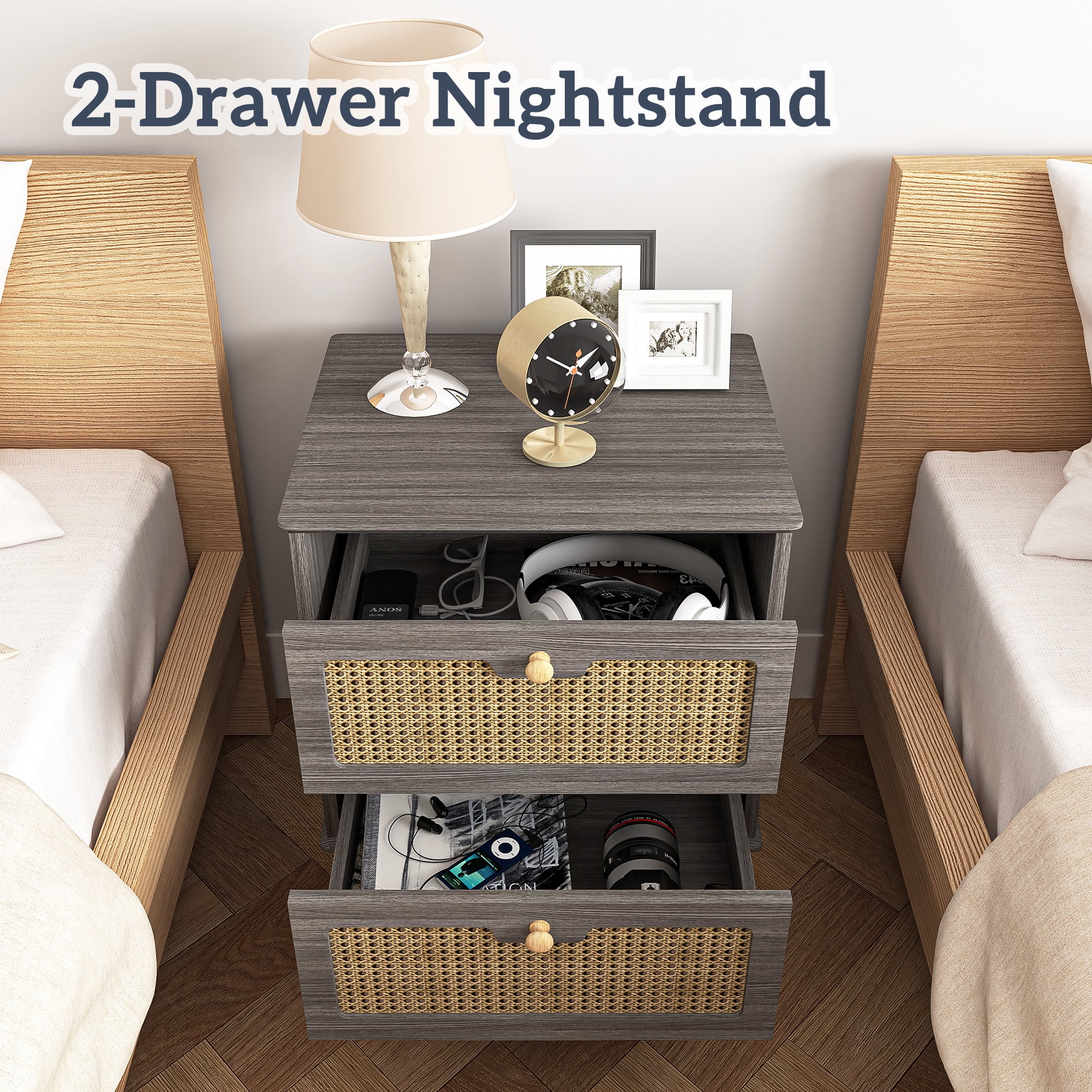 Hommoo 2 Rattan Drawers Nightstand, Modern Wood Side Table Bedside End Table, Night Stand Storage Cabinet for Living Room Bedroom, Gray - Image 6