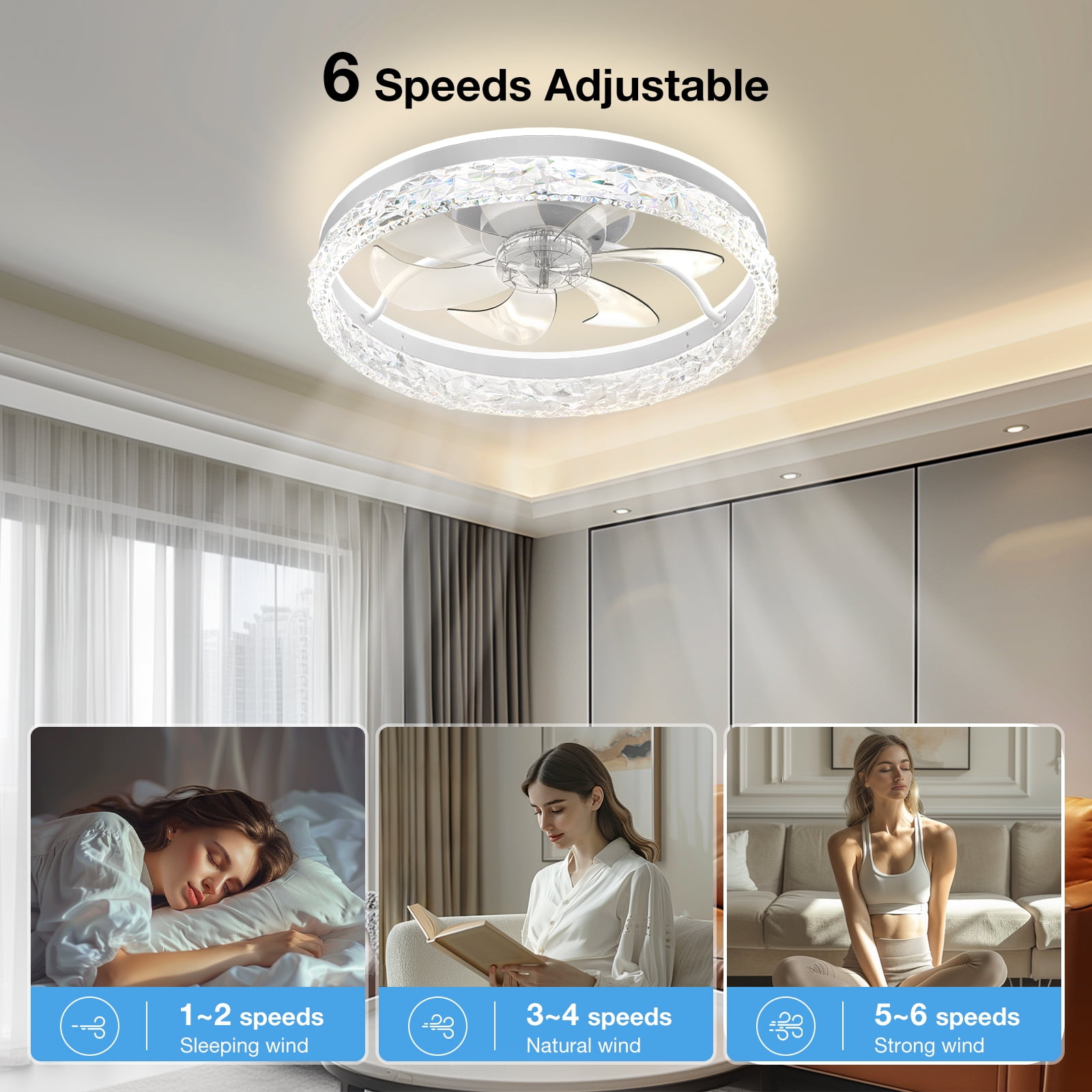 BLITZWILL Flush Mount Ceiling Fan with Lights, Remote & APP Control,20'' Low Profile Ceiling Fan, 3 Color Dimmable and 6 Speeds, Reversible Modern Ceiling Fan for Bedroom and Living Room, D-White - Image 6