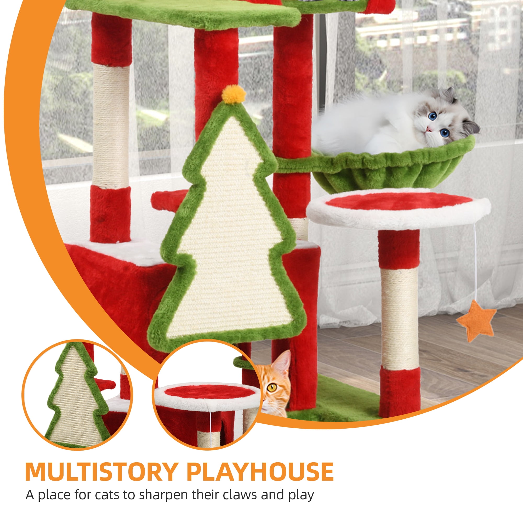 Uforic 75" Cat Tree Tower Condo, Multi-Level Christmas Cat Climbing Tower with Top Perches, Hammock, Scratching Posts, for Indoor Kittens' Play Center - Image 7