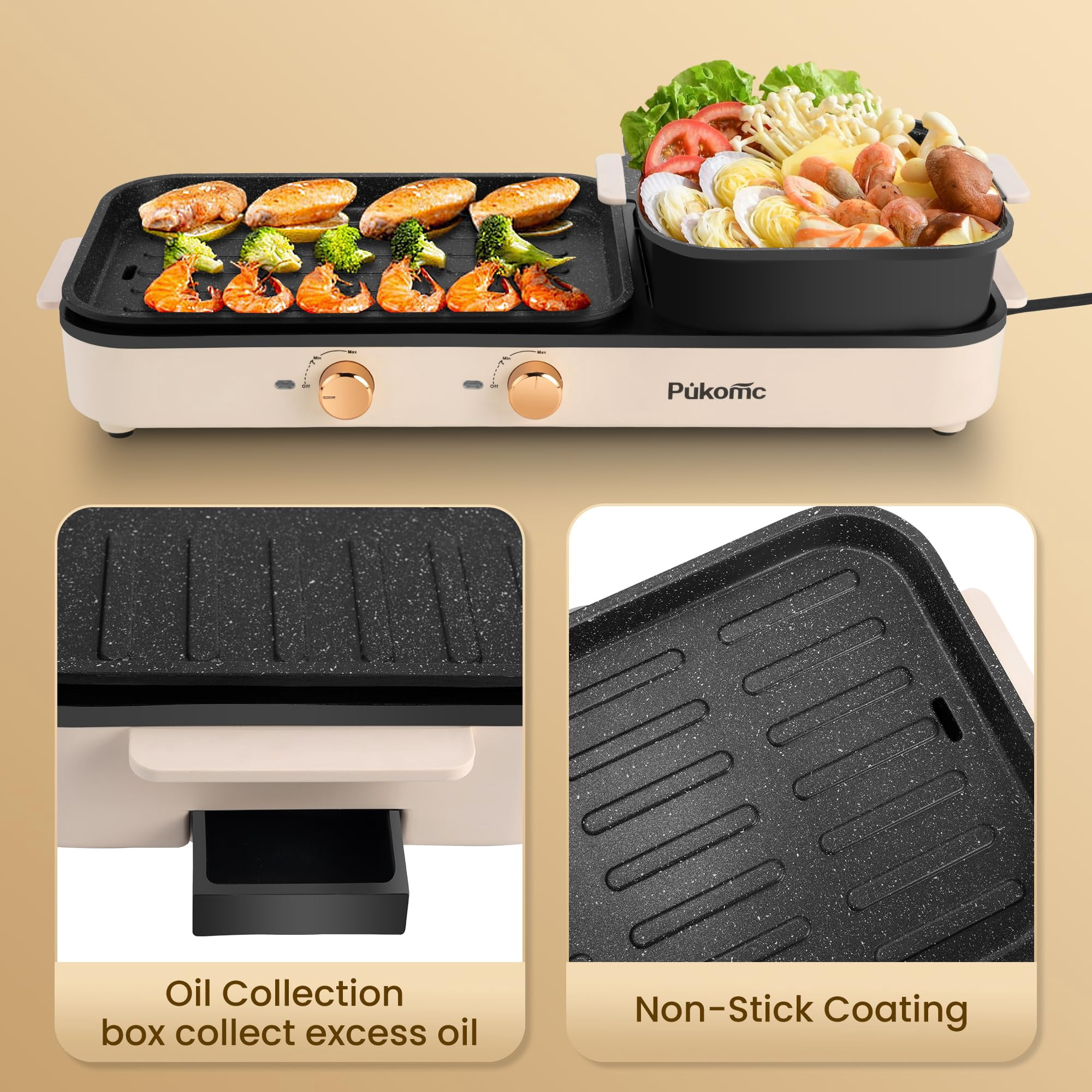 SUSTEAS 2-in-1 Electric Hot Pot with Grill: 1500W Non-Stick Removable Plate, Temperature Control for Indoor Grill for Korean BBQ, Beige - Image 7