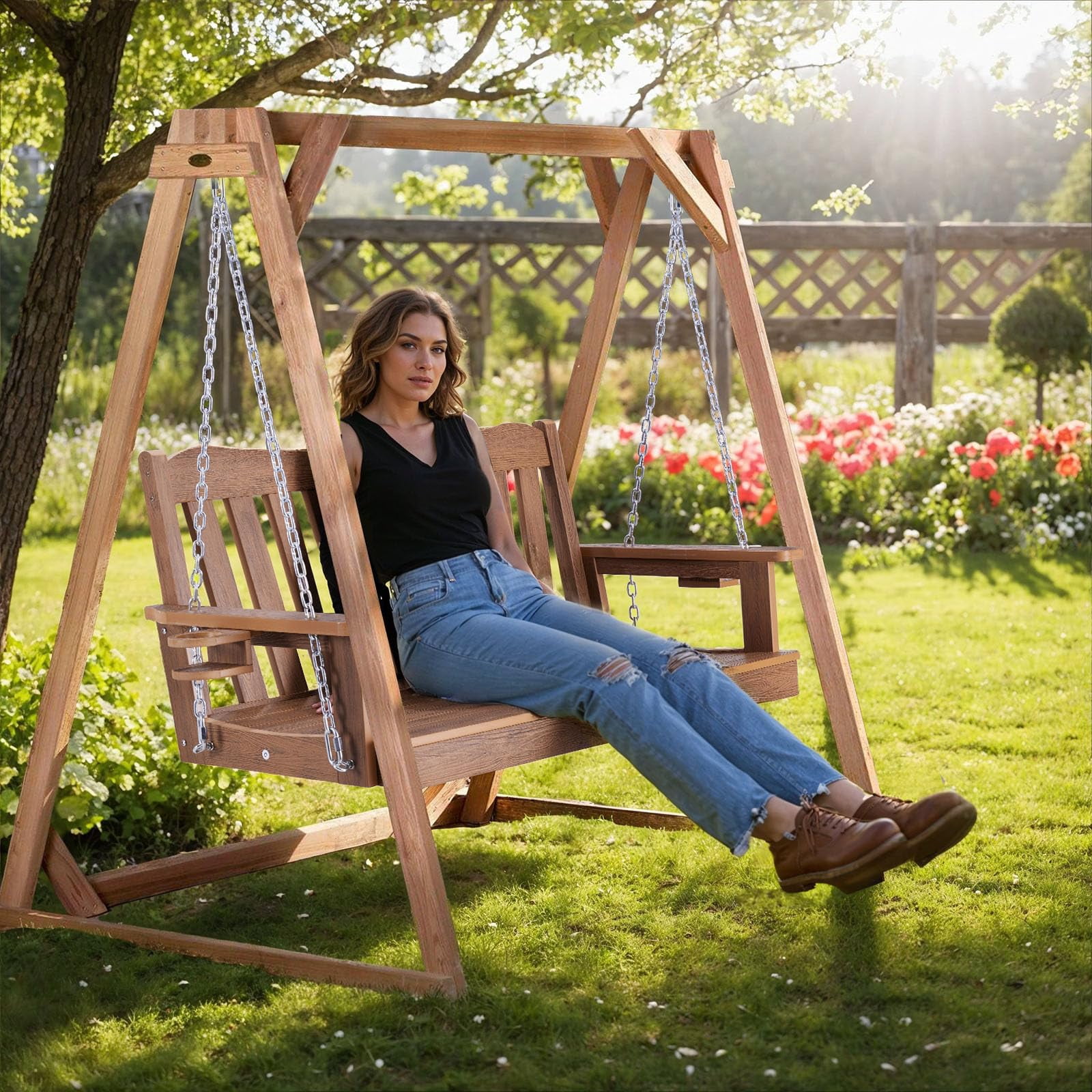 Naipo Upgraded Patio HDPS Porch Swings 2-Seater for Outdoor Lawns Garden Yard, Outdoor Patios Swing Can Hold Up to 800lbs, Swing Chair Bench with Adjustment Hanging Chains for Outdoors - Image 4