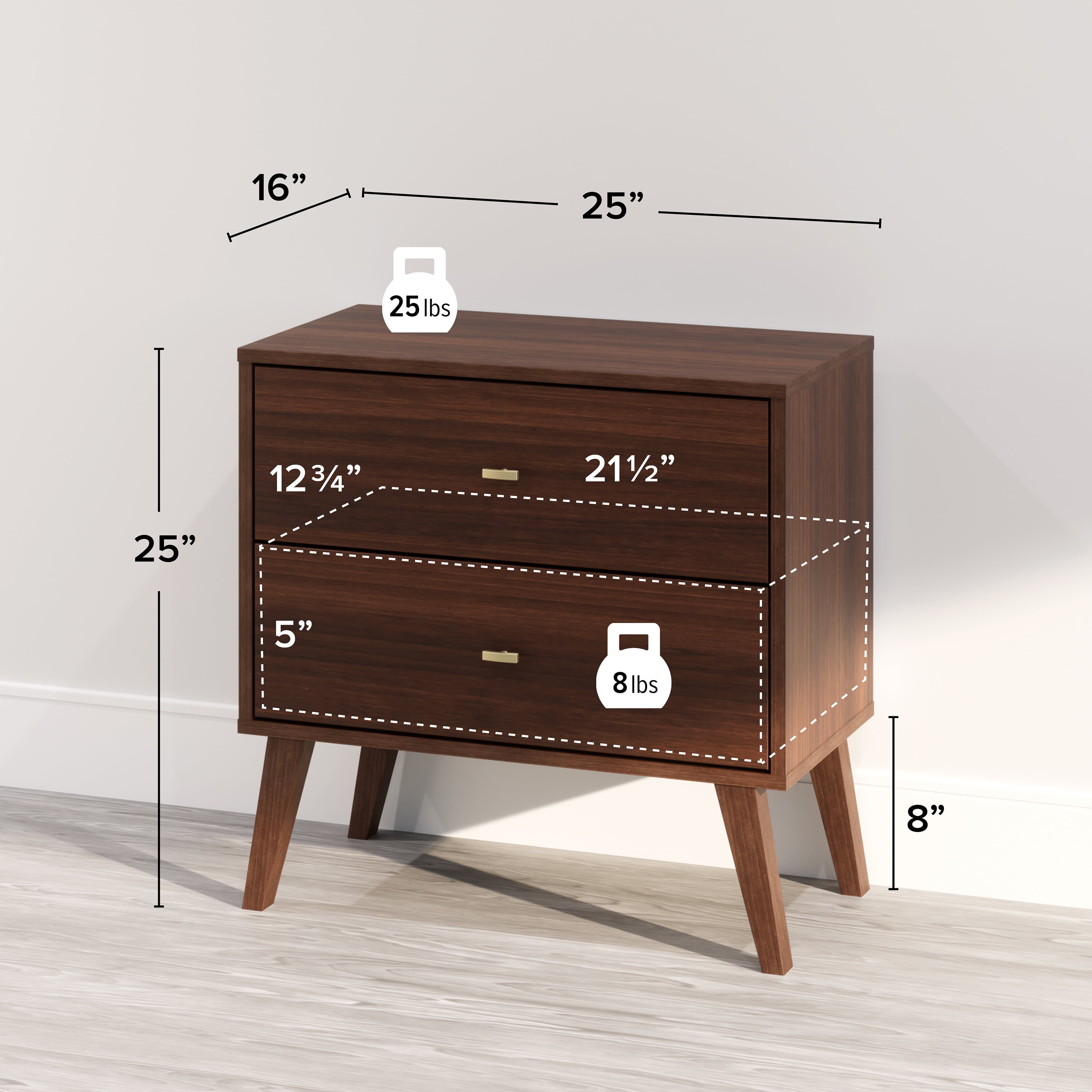 Prepac Milo Mid-Century Modern 2-Drawer Nightstand, 16"D x 25"W x 25"H, Cherry - Image 4