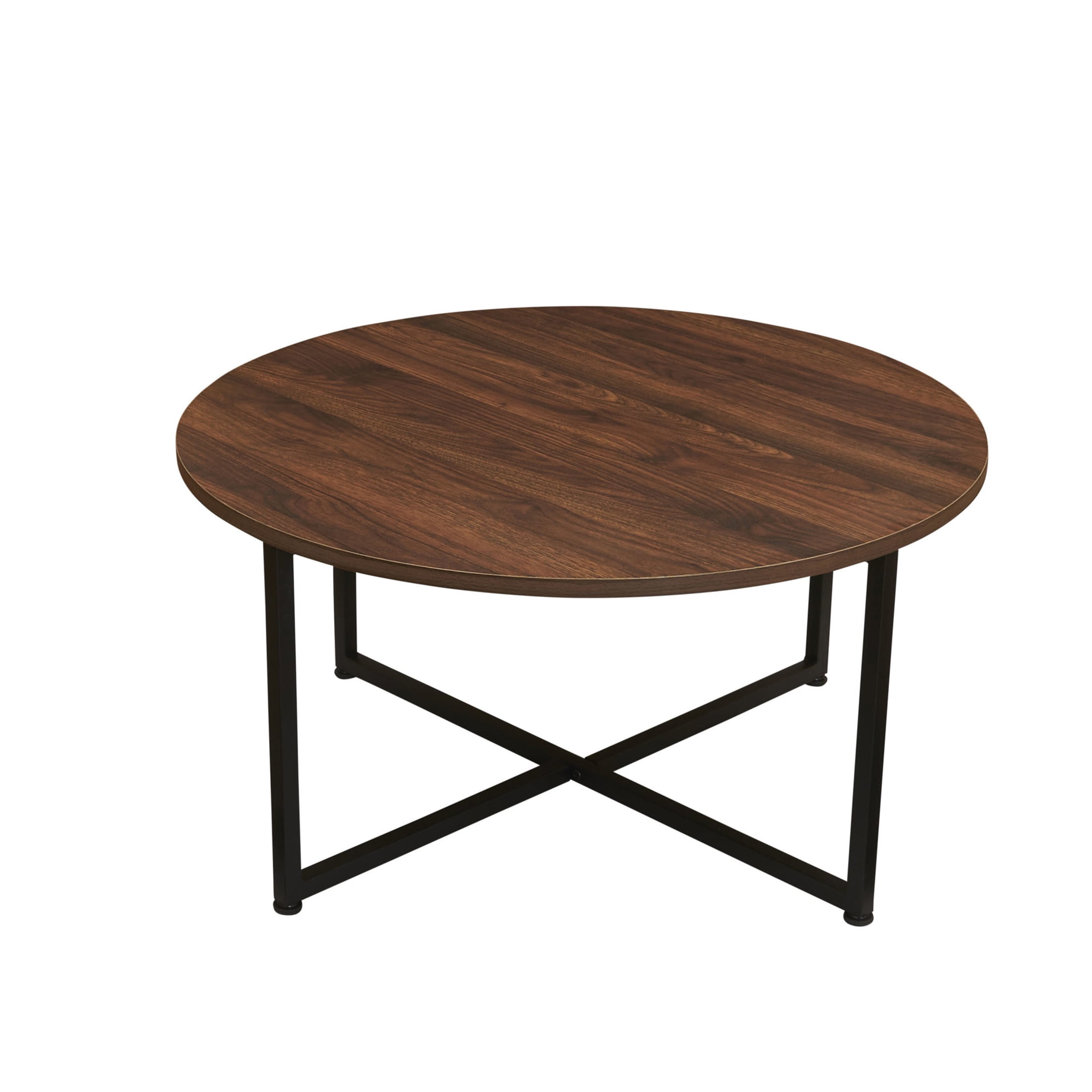 Household Essentials Jamestown Round Coffee Table Mid Century Walnut Wood Grain and Black Metal - Image 2