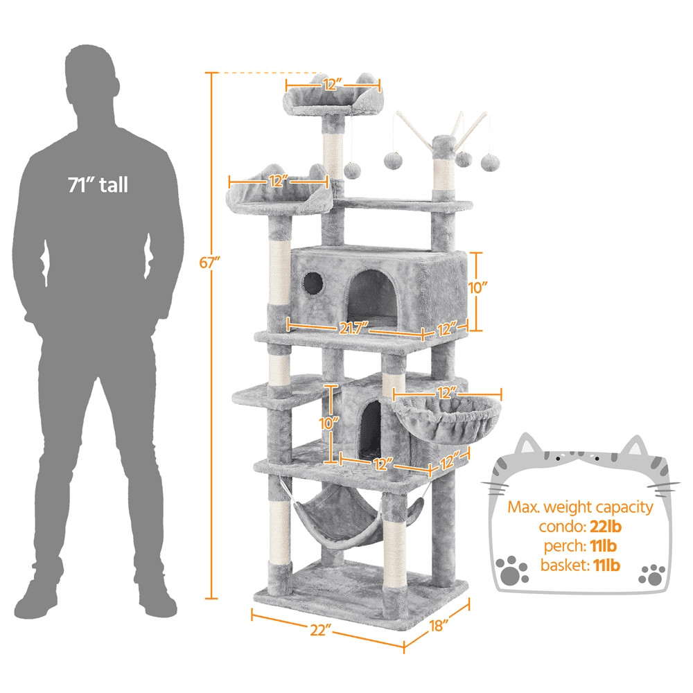 Alden Design 67" H Multi-Level Cat Tree Tower with 2 Cat Condos & Hammock Basket, Light Gray - Image 7