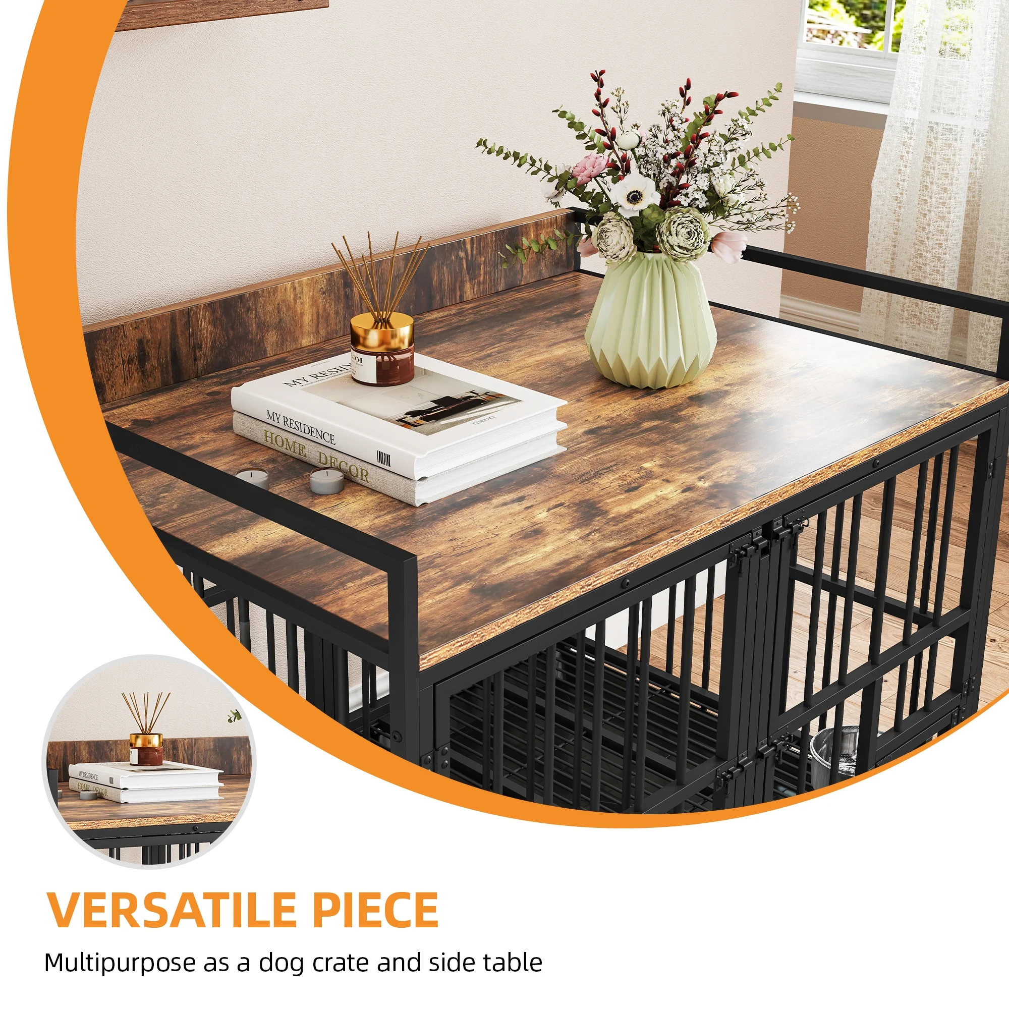 Uforic 37.5" Dog Crate Furniture with Double Lockable Doors, Heavy Duty Wooden Dog Kennel with Removable Divider &360° Rotatable Dog Bowls & 360° Wheels & 2 Trays - Image 7