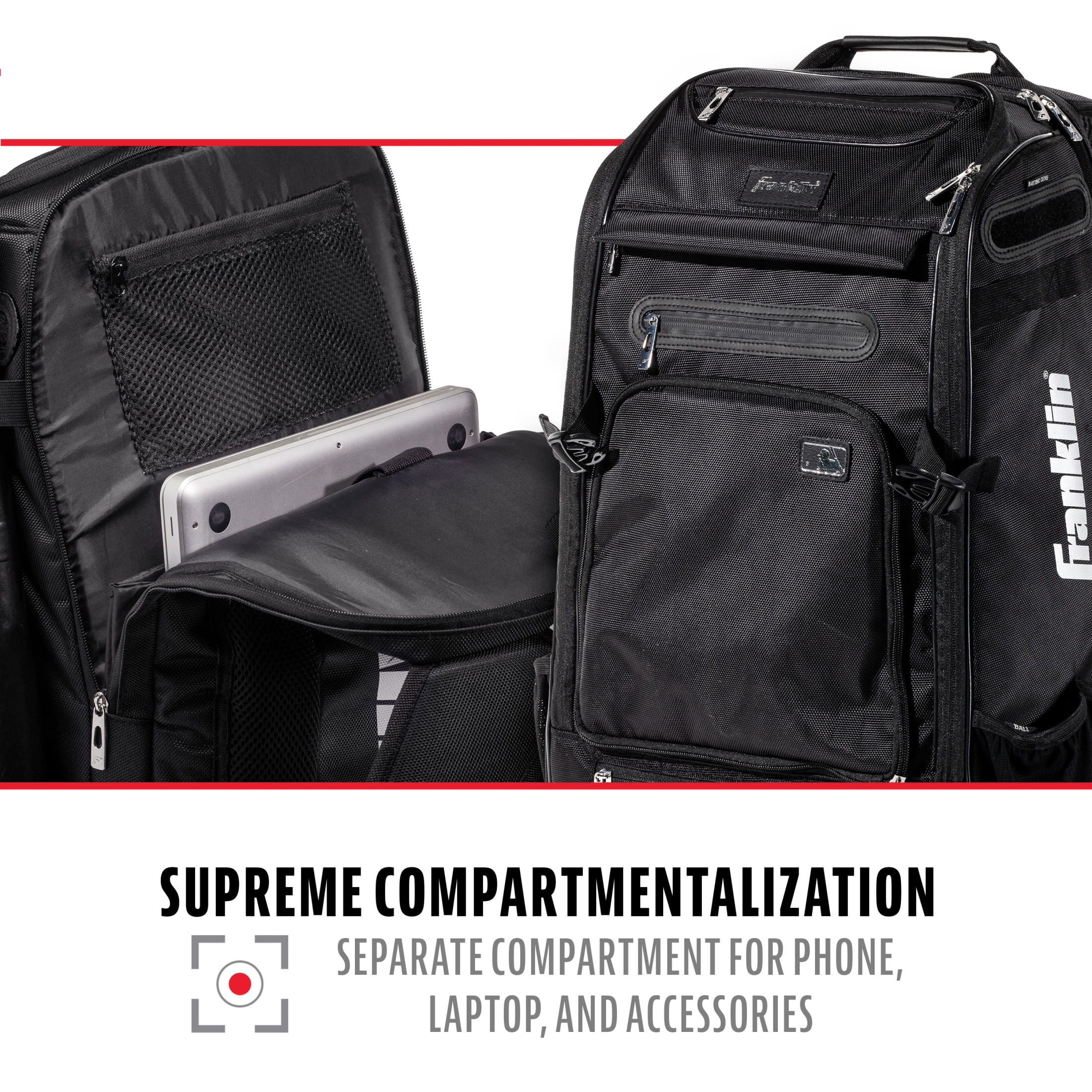 Franklin Sports MLB Traveler Elite Baseball Backpack - Adult + Youth Baseball Bag - Black - Image 6