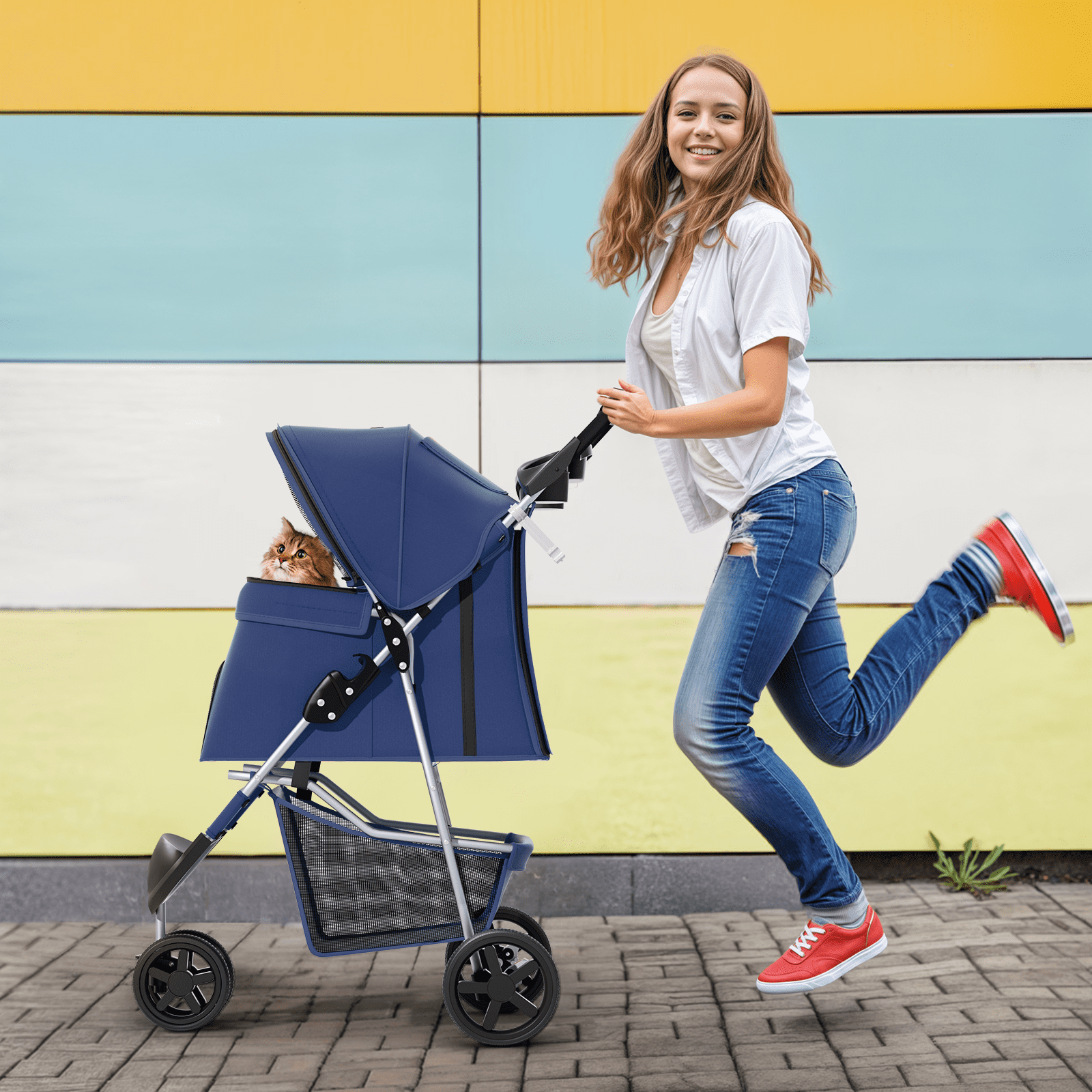 MoNiBloom 3 Wheel Folding Pet Dog Stroller, Foldable Lightweight Trolley with Storage Basket, Cup Holder and 360° Rotating Front Wheel for Small Medium Dogs, Navy Blue - Image 10