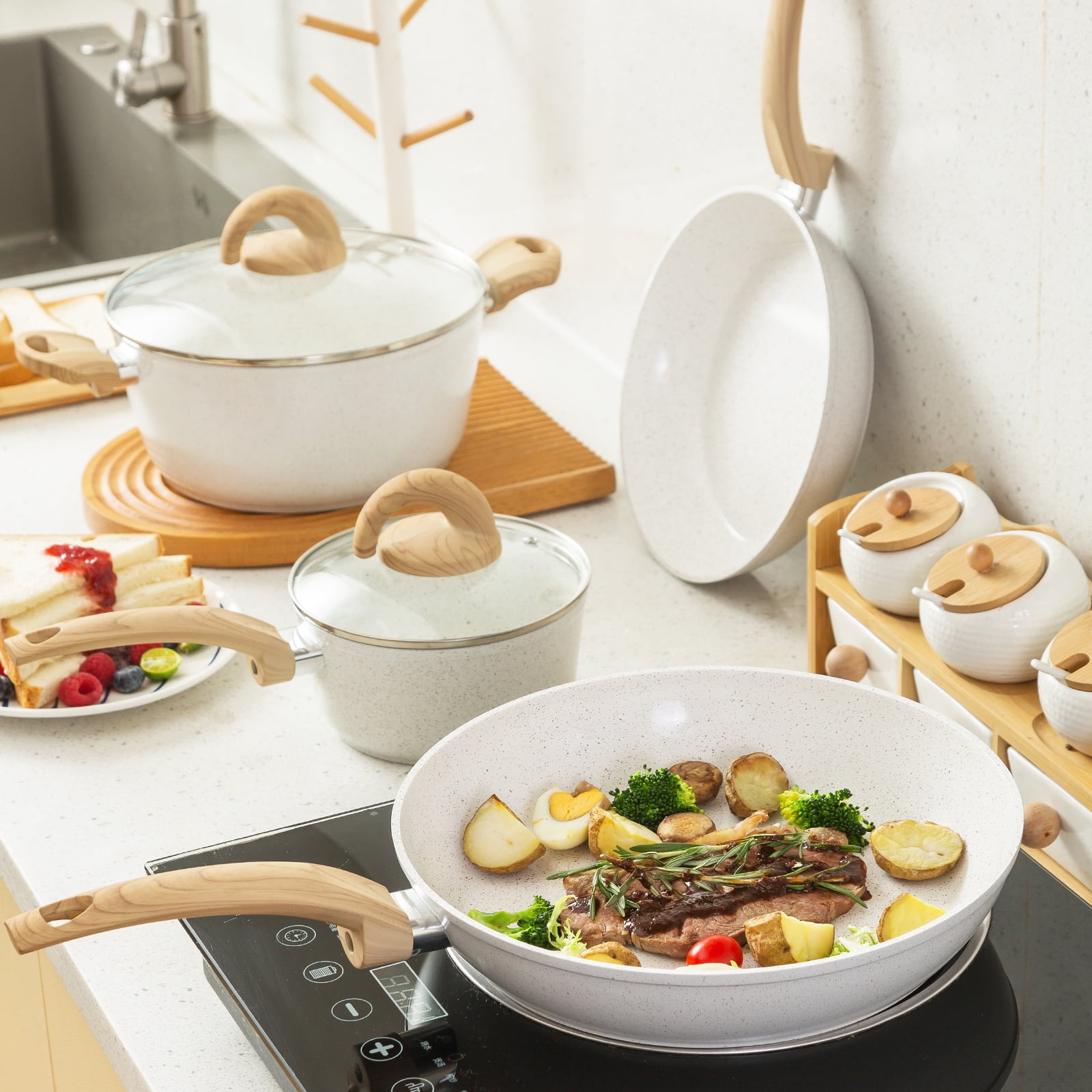 Vkoocy 6pcs Nonstick Ceramic Cookware Set, Non Stick Pots and Pans Set White Granite pattern - Image 5