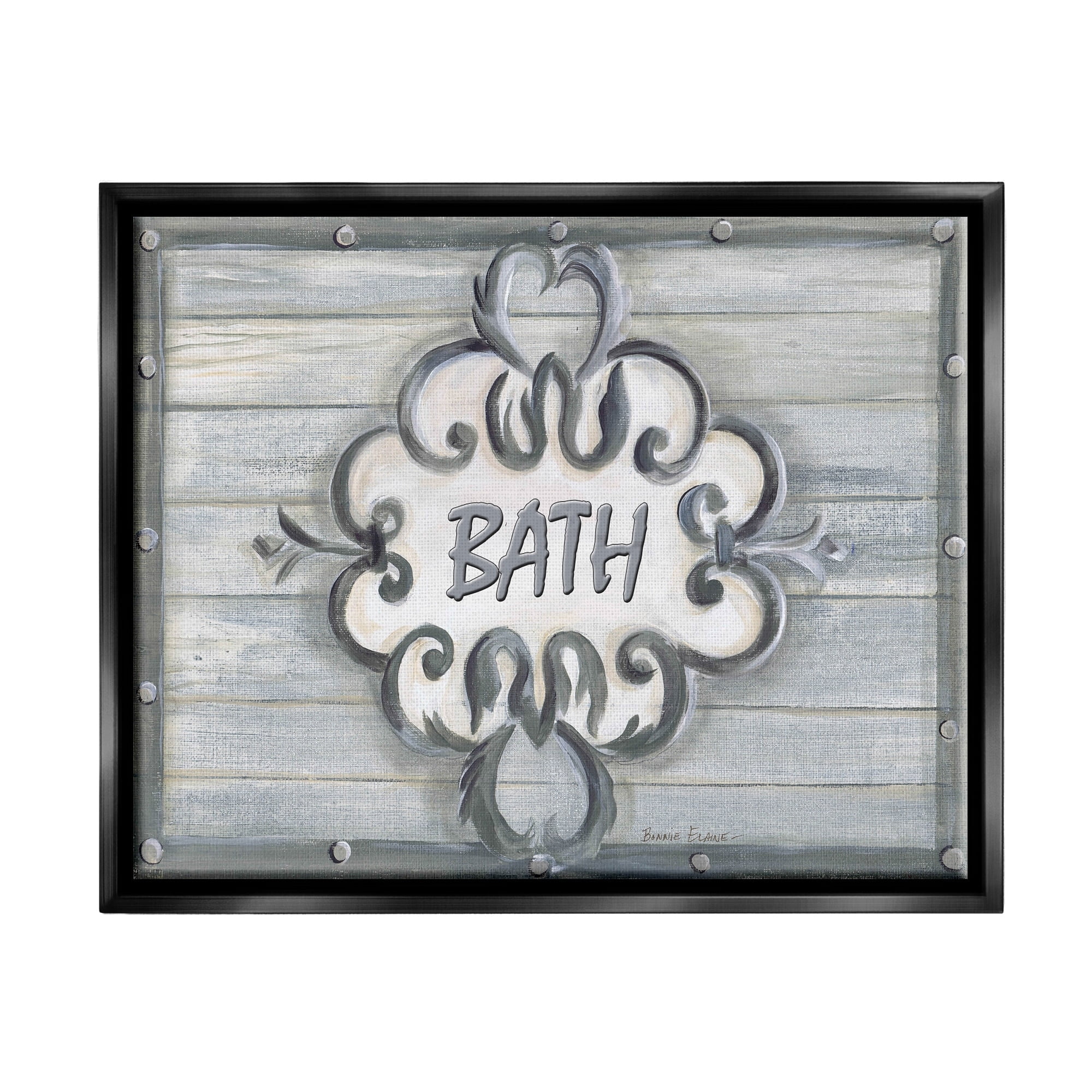 Stupell Industries Bath Grey Bead Board with Scroll Plaque Bathroom Jet Black Framed Floating Canvas Wall Art, 16x20, by Bonnie Wrublesky - Image 4