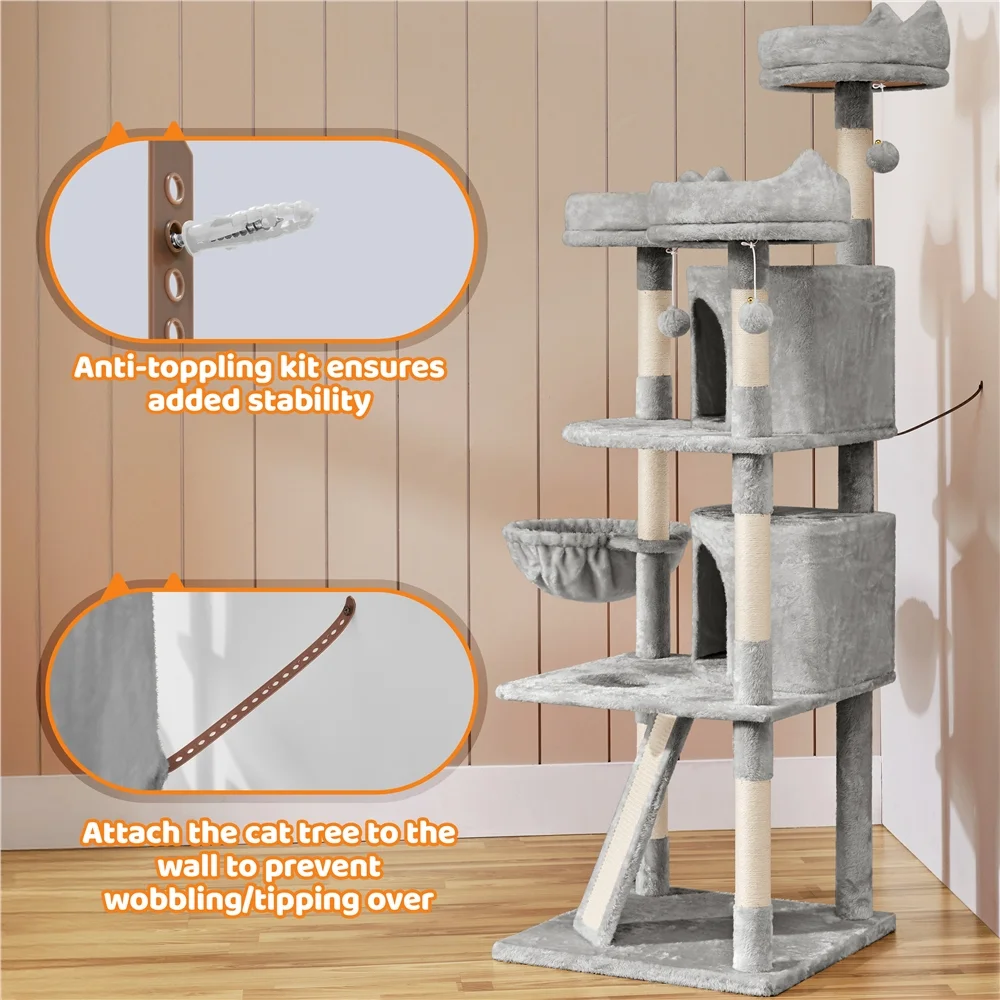 Alden Design 68.5"H Large Multilevel Cat Tree Tower with Condos and Perches, Light Gray - Image 9