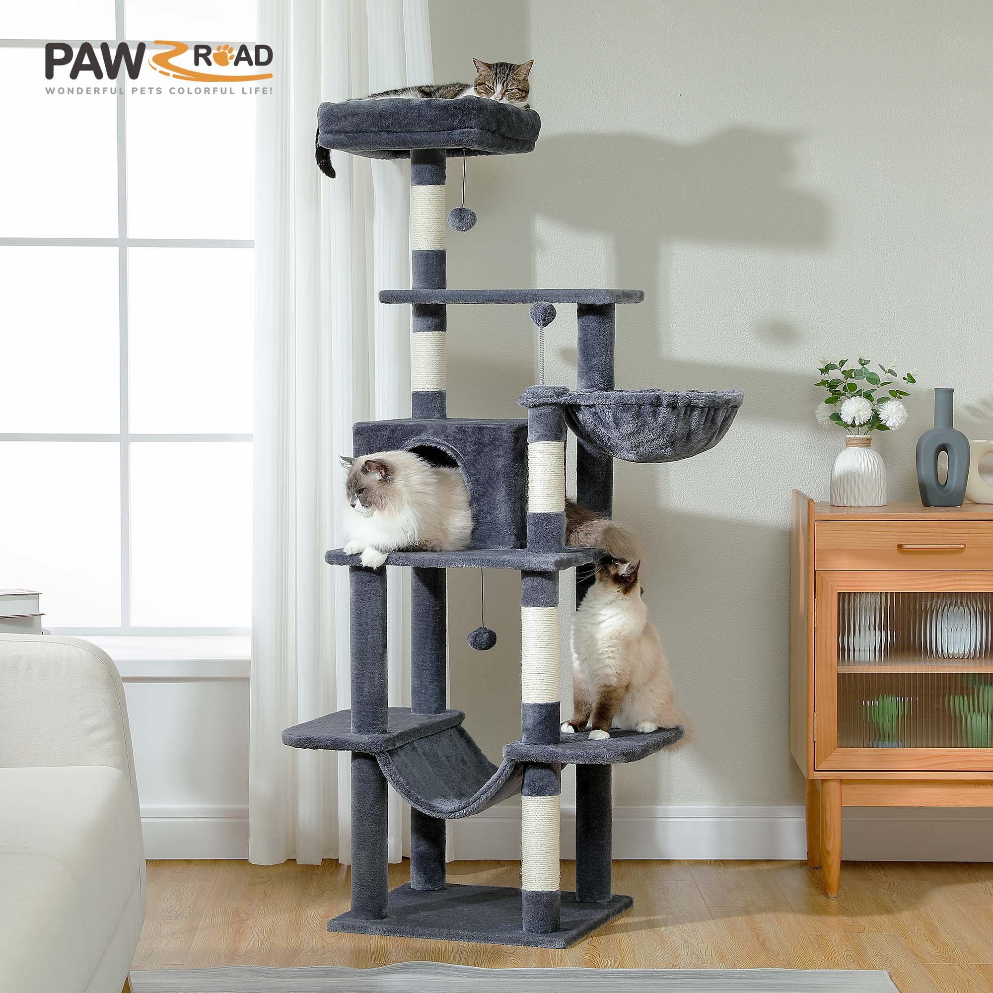 PAWZ Road 64" Cat Tree 5-Tier Sisal Scratching Post Tower Hammock Perch for Indoor Cats, Dark Gray - Image 5