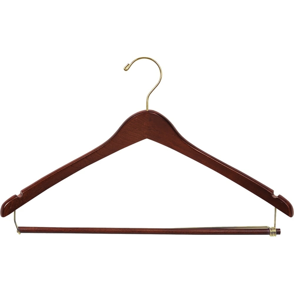 International Hanger, Walnut Wood Curved Suit Hanger w/Locking Bar, Brass Swivel Hook, 100 Pack - Image 3