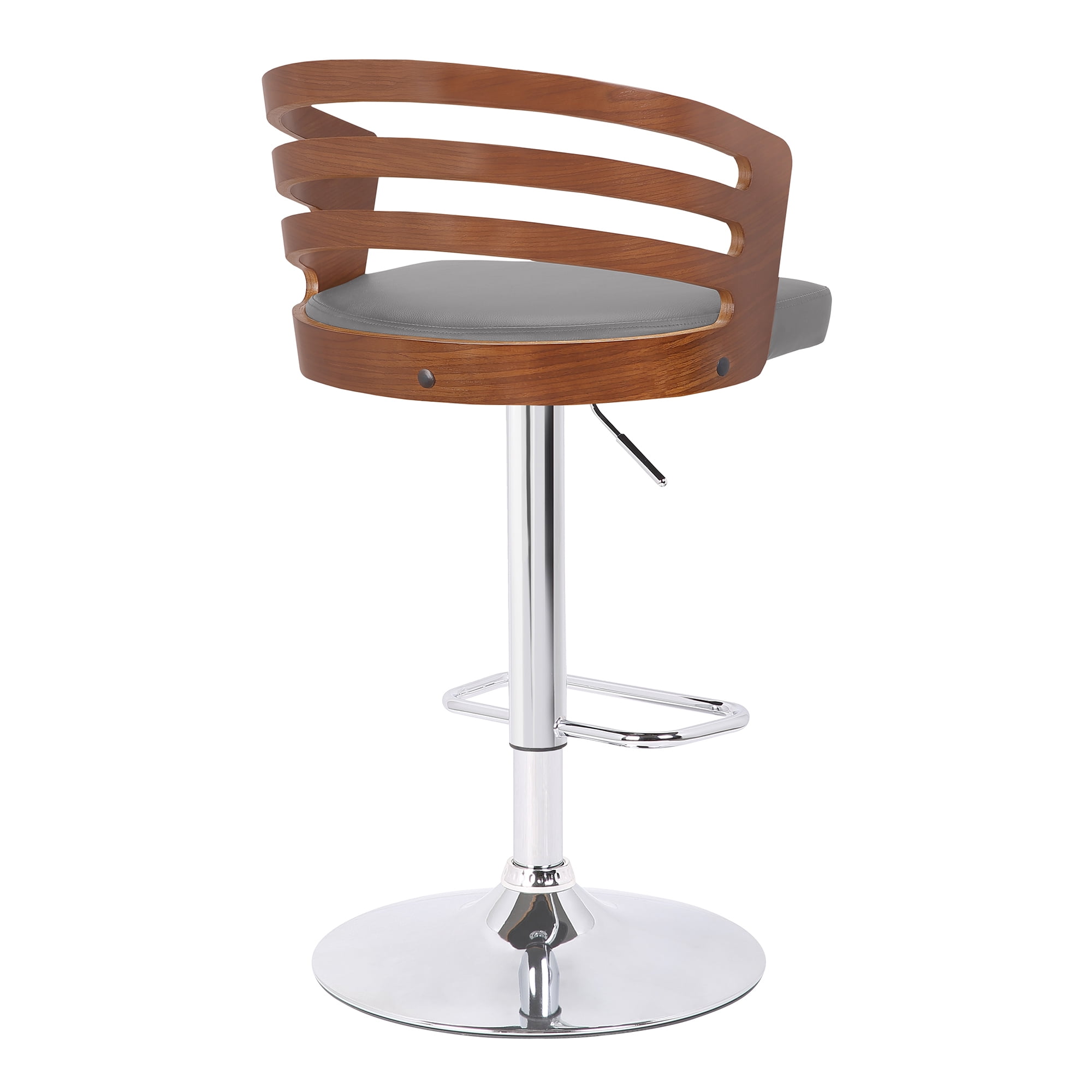 Adele Adjustable Height Swivel Gray Faux Leather and Walnut Wood Bar Stool with Chrome Base - Image 6