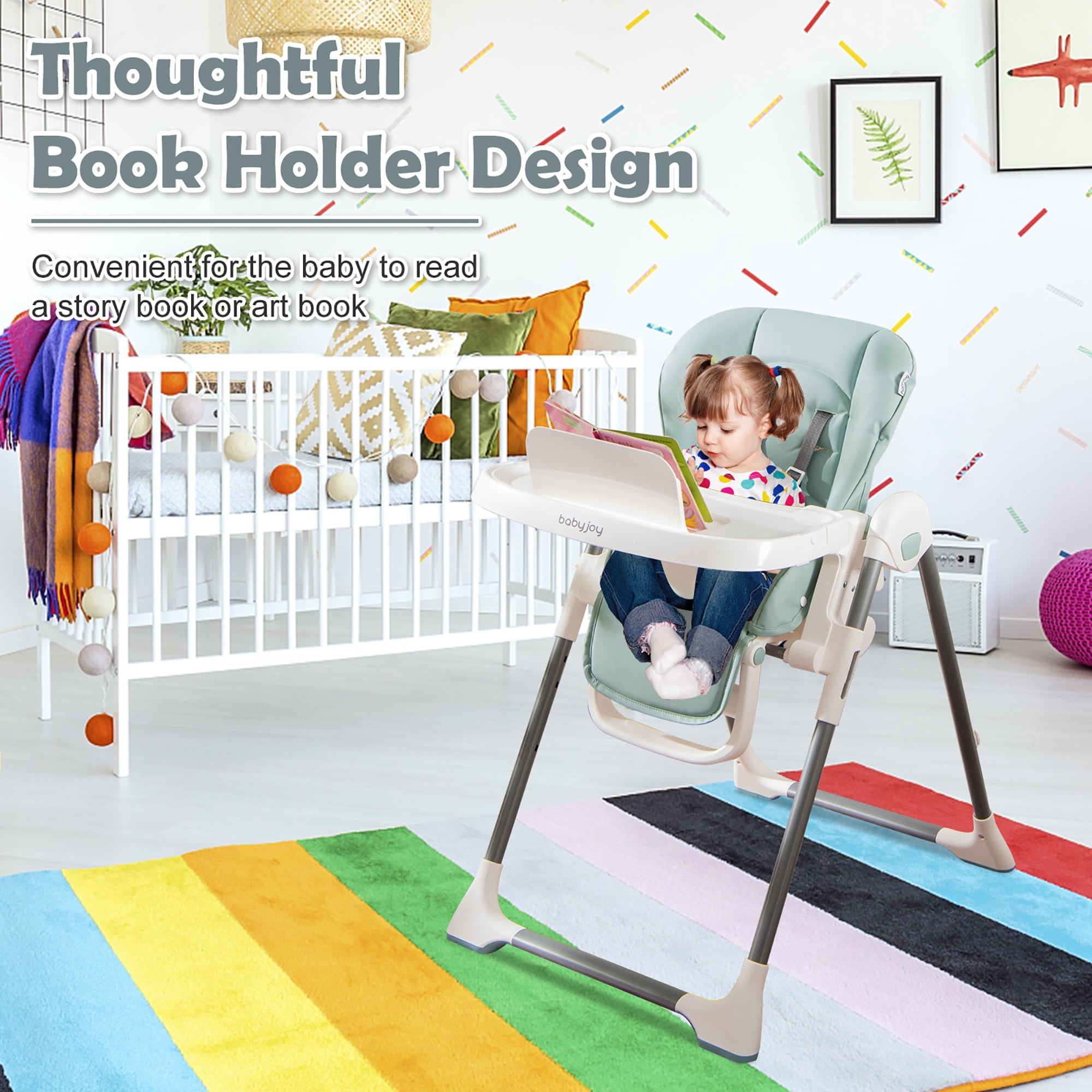 Babyjoy Foldable Baby High Chair w/ Double Removable Trays & Book Holder Green - Image 5