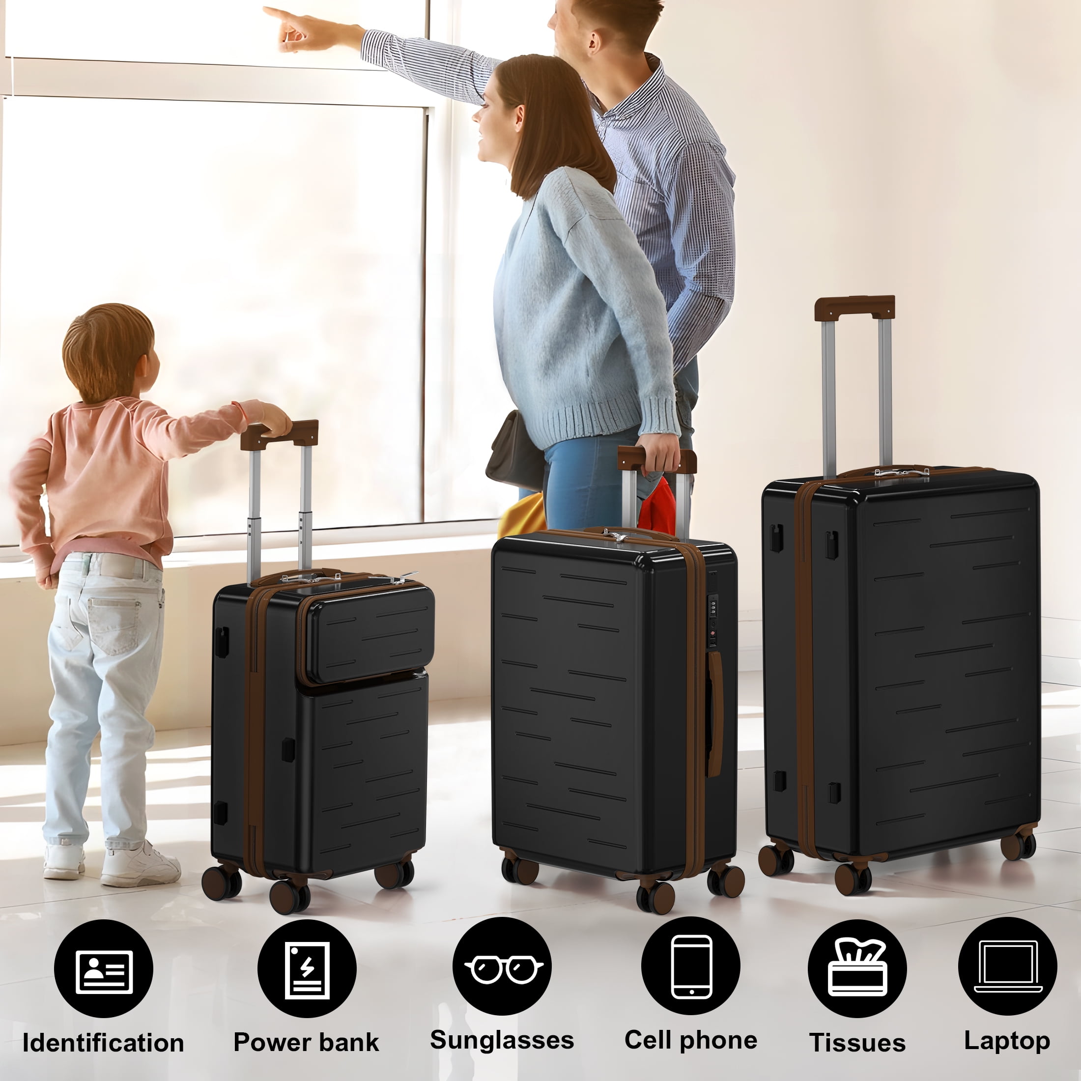 Nefoso 3 Piece Luggage Sets, Carry on Luggage 20 in 24 in 28 in Suitcase with TSA USB Port Spinner Wheels, Hardshell Lightweight Black - Image 4
