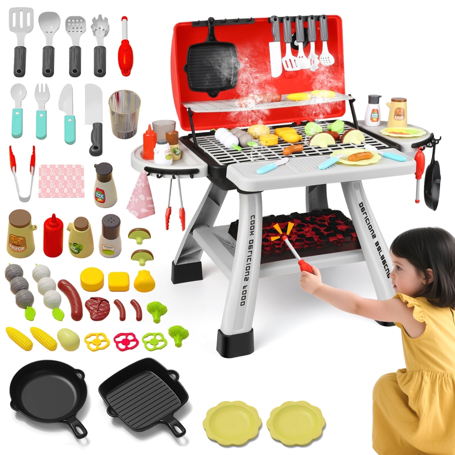 Freecat Kids BBQ Grill Set, Toddler Play Kitchen Toys for Ages 2 3 4 5 6, Toddler Outdoor Camping Cooking Set Toys, Play Food Christmas Birthday Gift. - Image 8