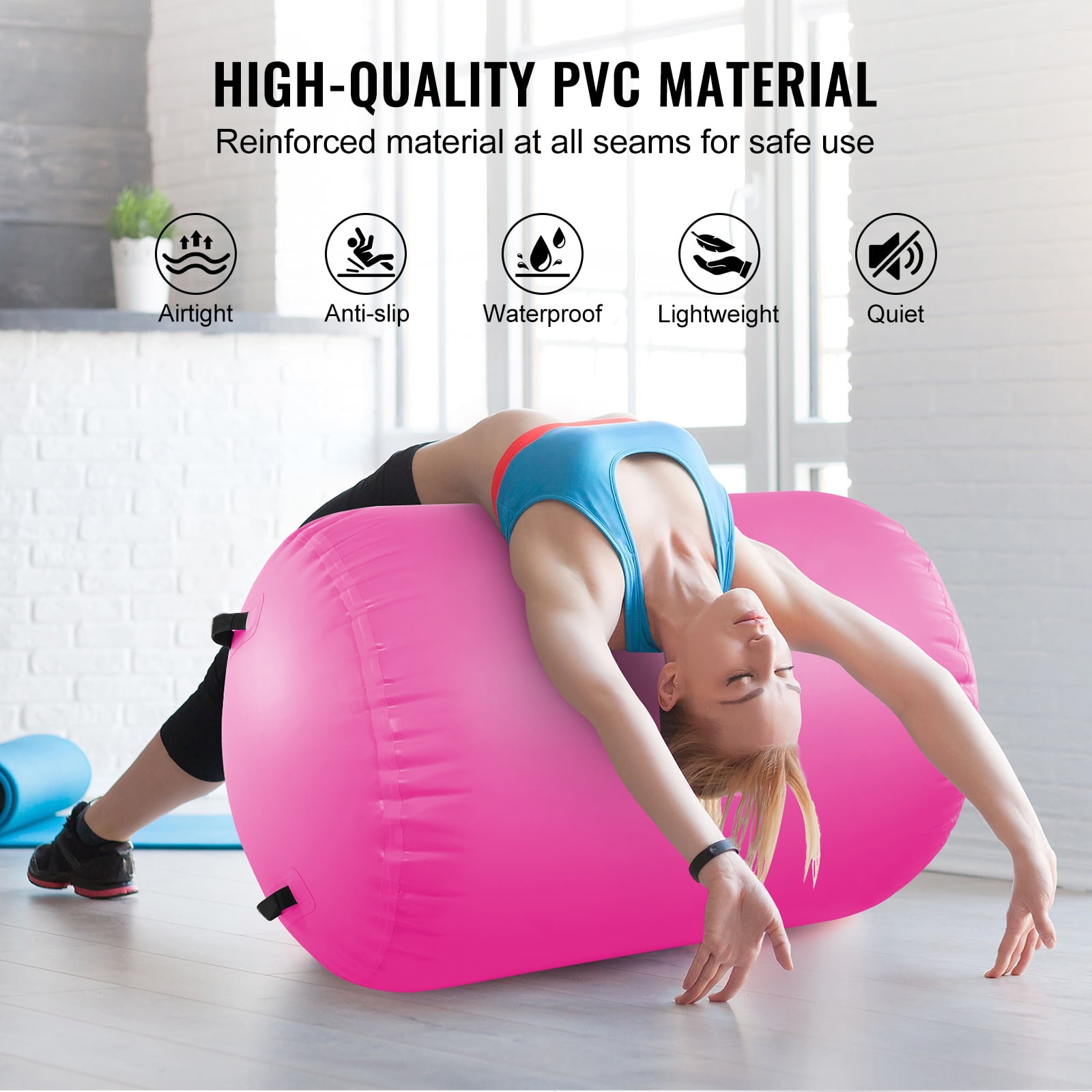 KFFKFF Air Mat for Tumbling, Round Inflatable Gymnastics Roller, Air Barrel Equipment with Electric Pump, Ideal for Home, Gym, Yoga, Cheer, Beach, Park, Water Activities, Pink - Image 3
