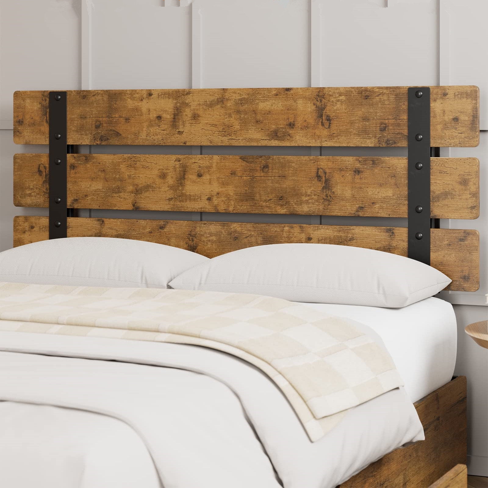 Homfa Full Size Bed Frame with 4 Storage Drawers, Industrial Wood and Metal Panel Headboard, Rustic Brown - Image 5