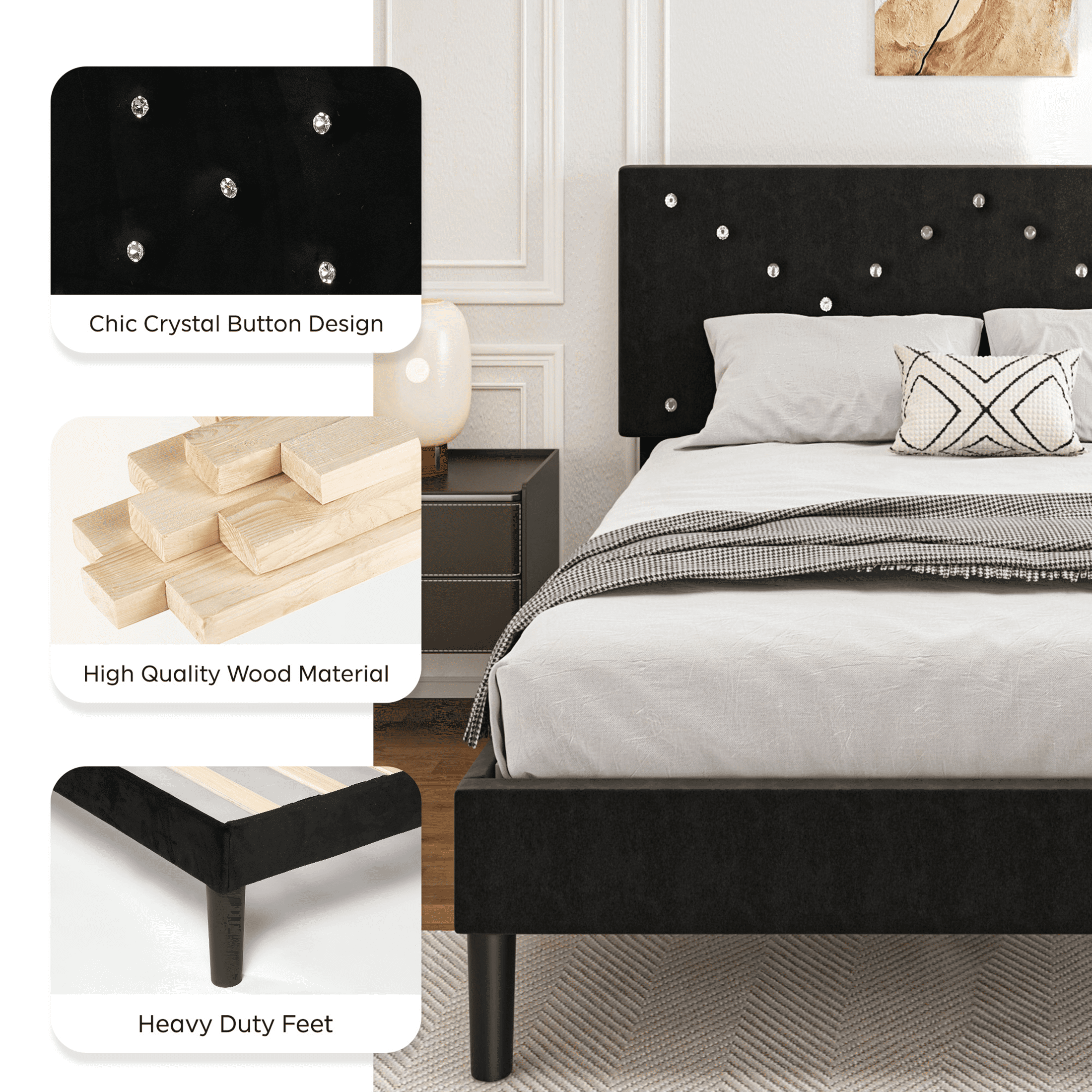 UHOMEPRO Black Platform Bed Frame, Twin Bed Frame with Velvet Upholstered Headboard, No Box Spring Needed, Easy Assembly - Image 4