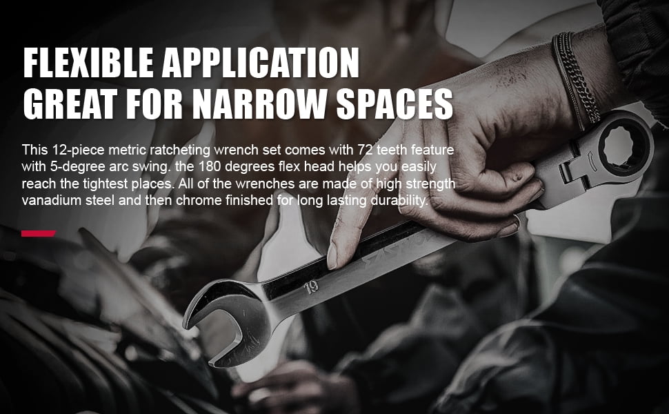 Eastvolt 12 Pieces Flex Head Ratcheting Wrench Set, Metric 8mm-19mm, Combination Ended Spanner kits, Chrome Vanadium Steel with Toolbox - Image 10