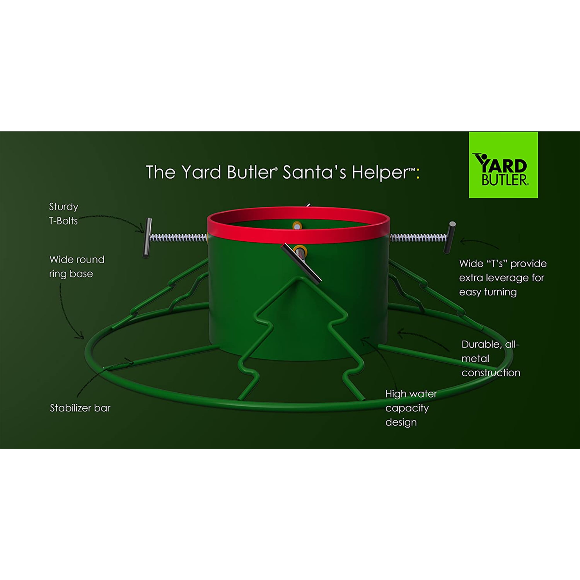 Yard Butler Santa's Helper Christmas Tree Stand - For Trees from 6 to 11 Feet Tall - Tree Stand's for Live Trees, Heavy Duty Stand with Included Metal Skirt - Green/Red - Image 4