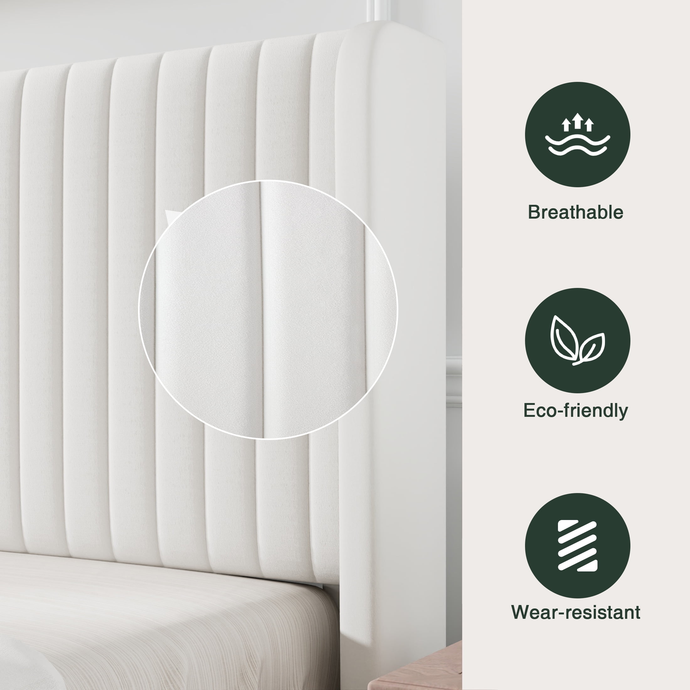 Amolife Queen Size Velvet Upholstered Bed with Wingback Headboard, Off-white - Image 6