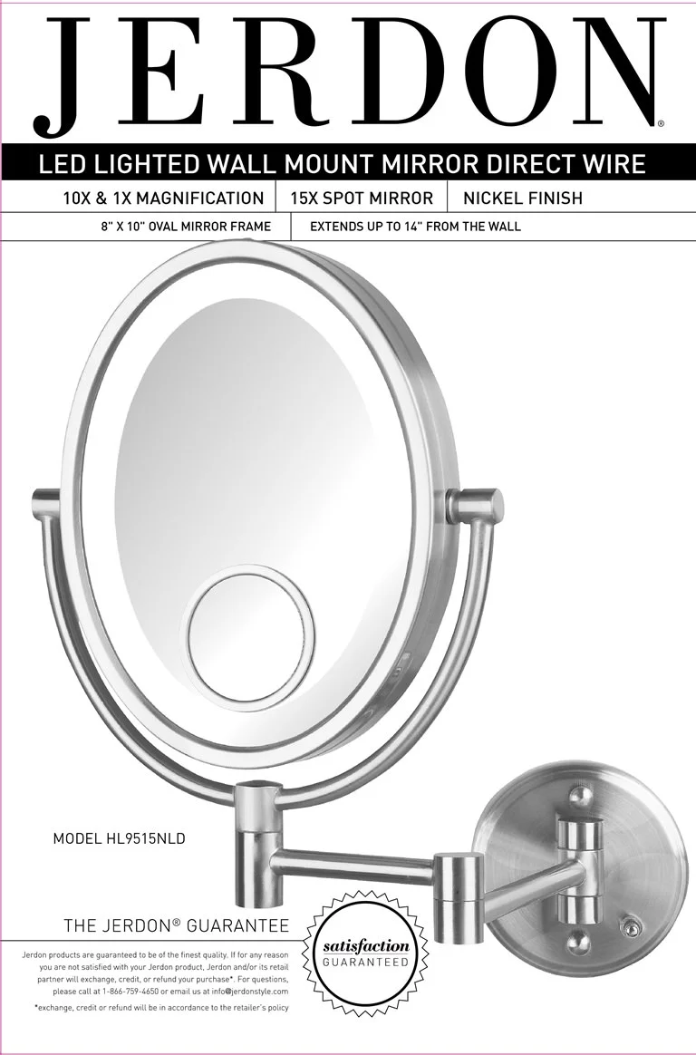 Jerdon 8 inch by 10 inch Oval Wall-Mounted Lighted Makeup Mirror with 10X-1X and 15X Spot Magnification, Nickel Finish, Direct Wire -Model HL9515NLD - Image 9