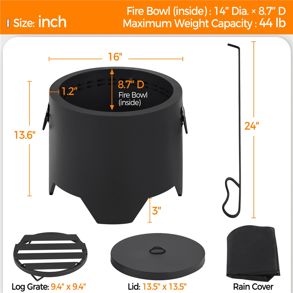 Alden Design 16″ Portable Smokeless Fire Pit with Rain Cover & Lid & Log Grate, Black - Image 5