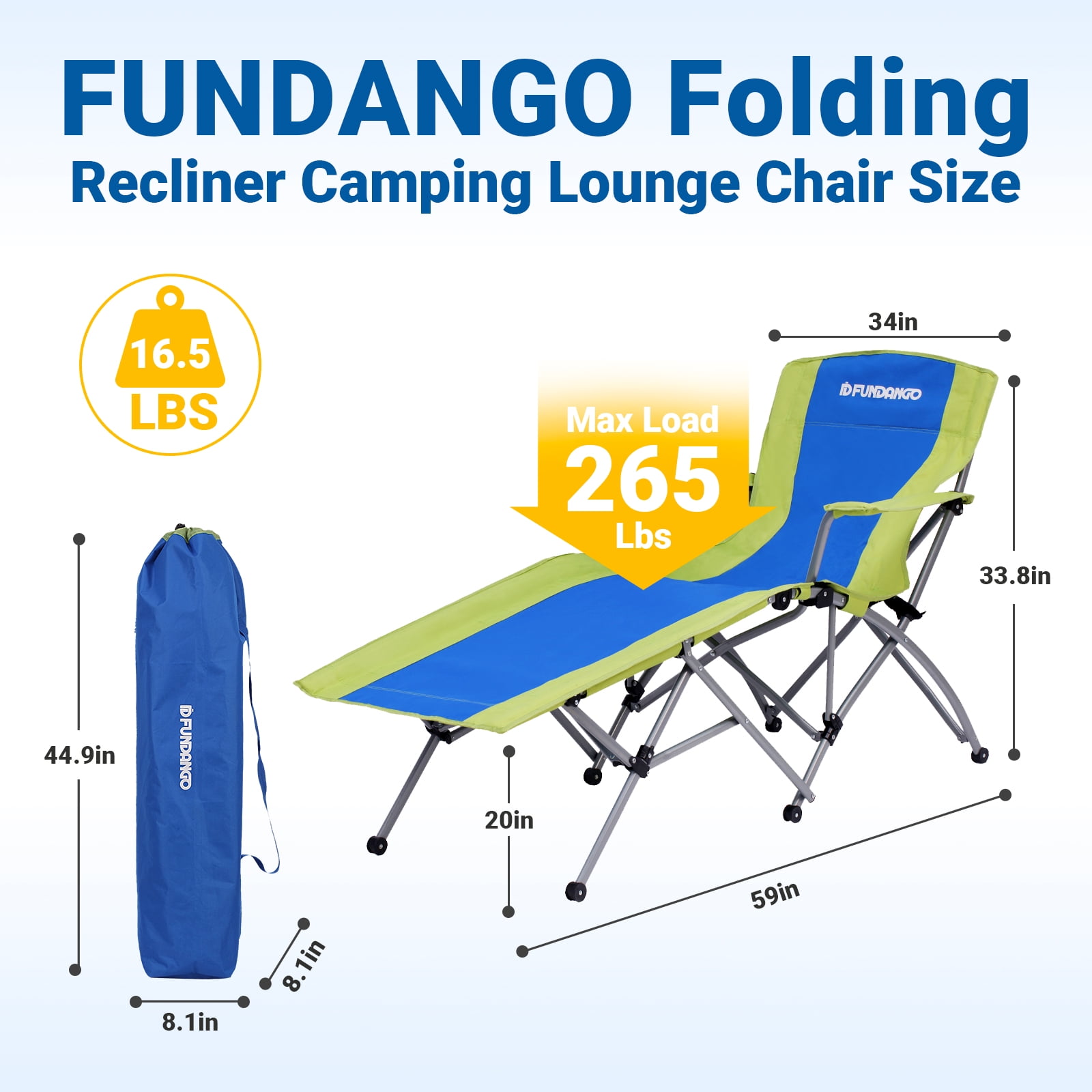 FUNDANGO Folding Lounge Chair with Footrest & Cup Holder, Reclining Design for Camping & Outdoor Use, Blue/Green - Image 3