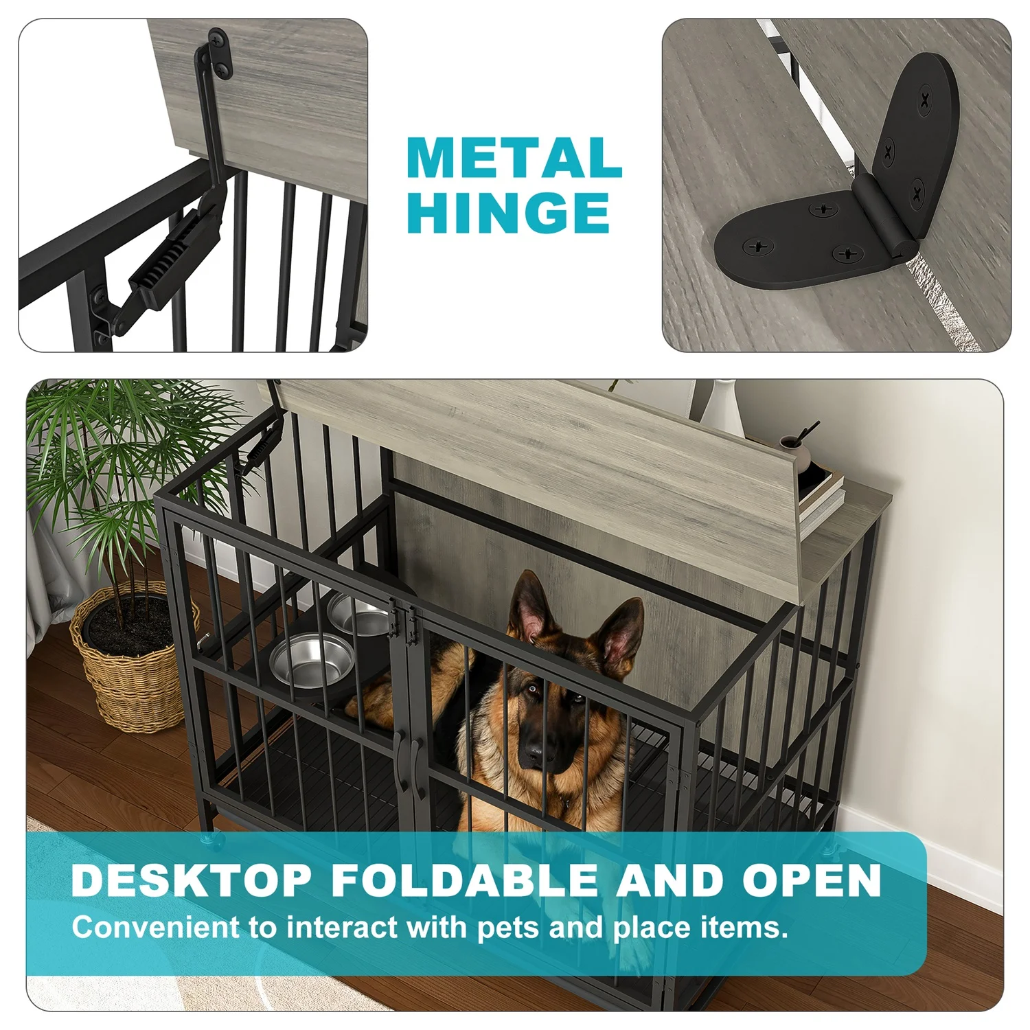 Hommoo Modern Kennel Dogs Room, Double-Door Dog House with Removable Tray、lift Panel、Adjustable Feeding Bowls, Dog Crate Cage for up to 80 LB, Grey - Image 2