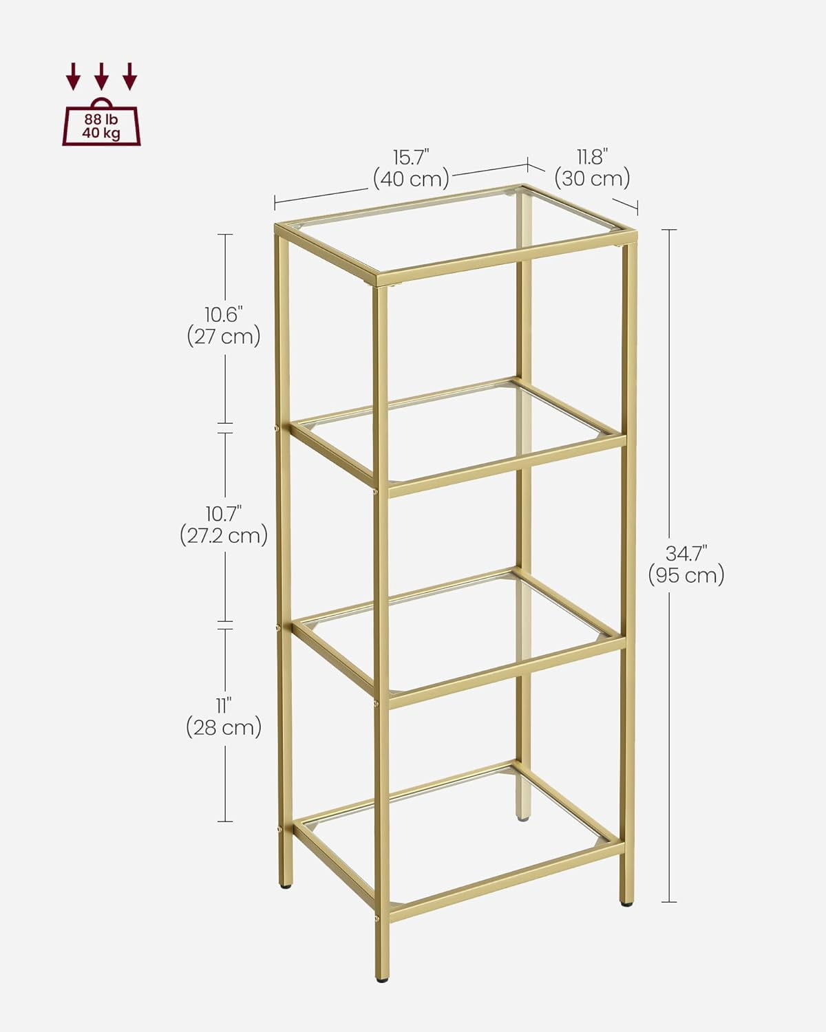 Bookcase 4-Tier Bookshelf Slim Shelving Unit for Bedroom Bathroom Home Office Tempered Glass Steel Frame Gold - Image 7