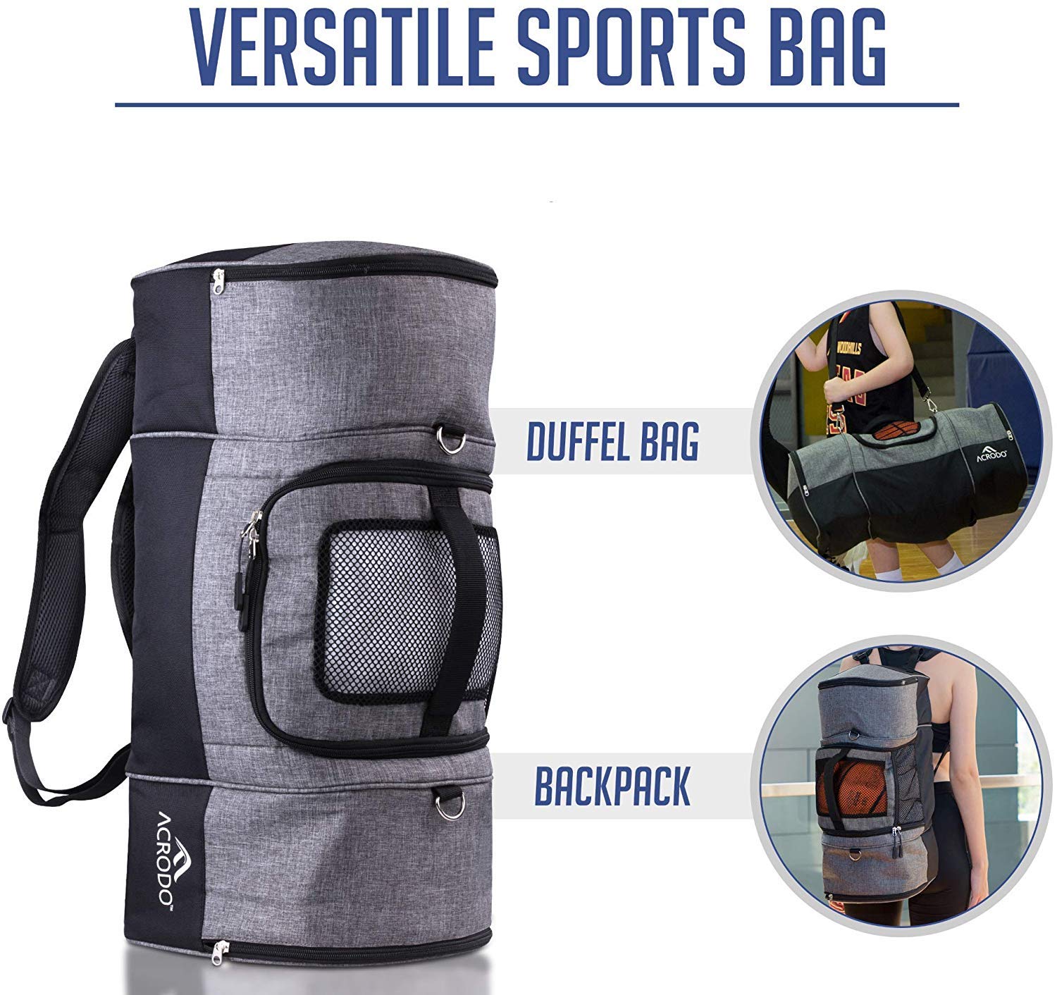 Acrodo Basketball Backpack Sports Duffel Bag (Gray) - Image 6