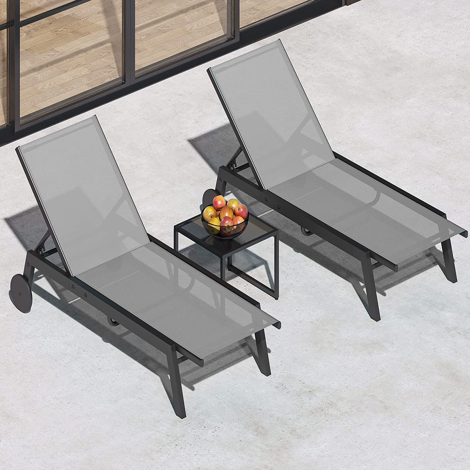 Dextrus 2 Pcs Outdoor Lounge Chairs with Side Table, Reclining Sun Loungers Featuring Aluminum Frame/Textilene Fabric/Wheels - Image 4