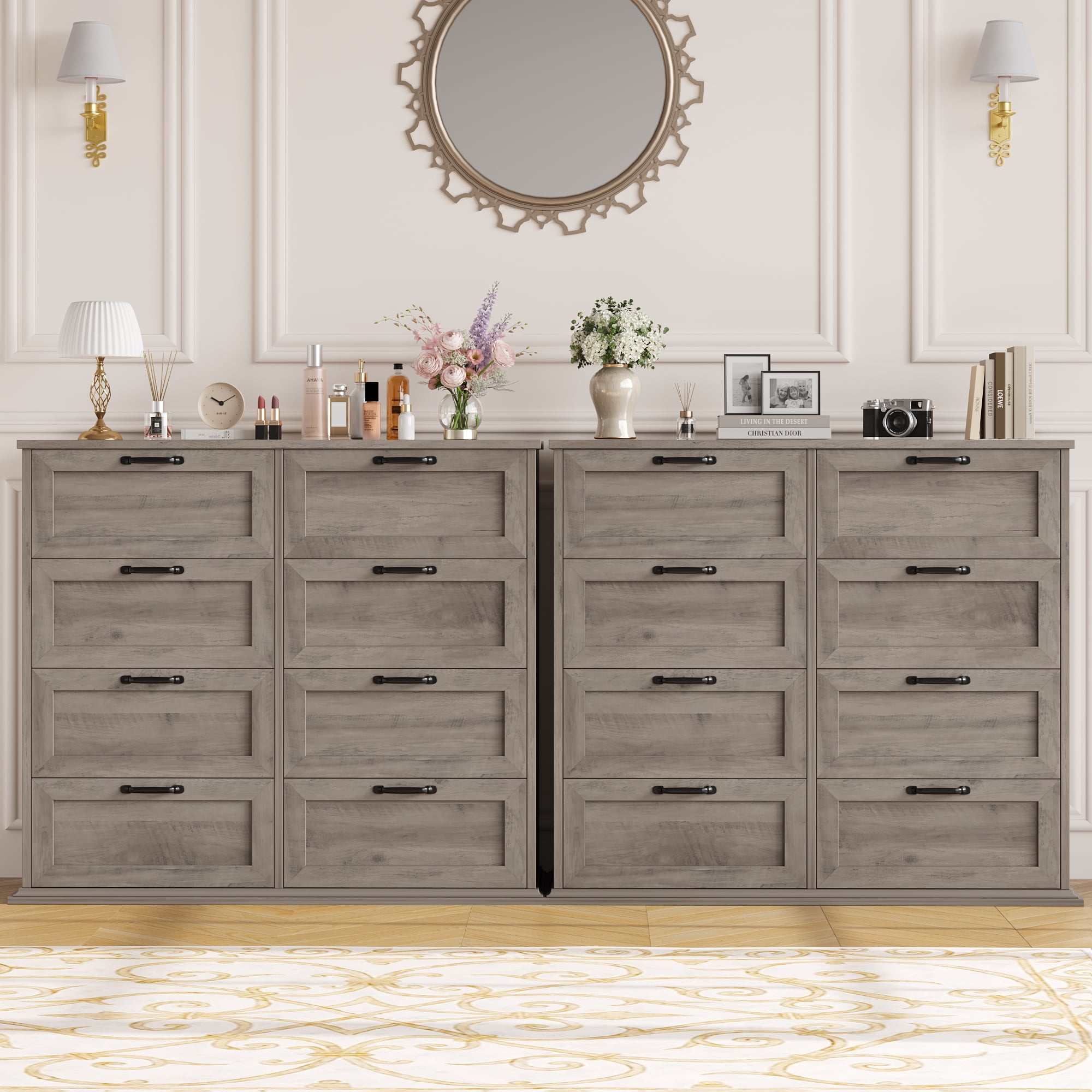 Homfa Horizontal 8 Drawer Dresser, Wood Storage Cabinet Double Dresser for Bedroom Living Room, Gray - Image 3