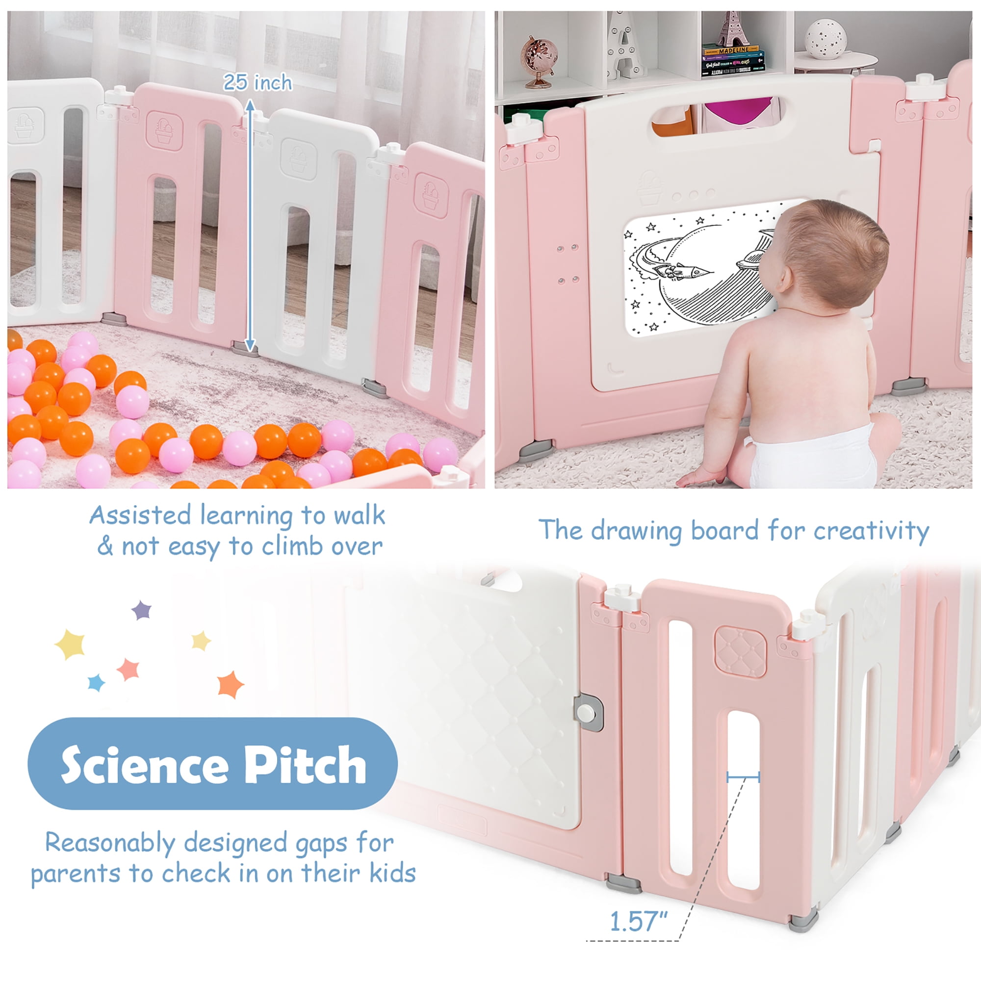 Costway 16 Panels Baby Safety Playpen Kids Safety Activity Play Center w/ Drawing Board - Image 6