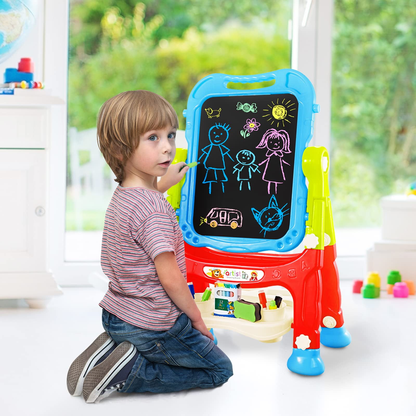 JBee Ctrl Easel for Kids Rotatable Double Sided White Board & Chalk Board Adjustable Standing Kids Art Easel w/ Paint Accessories for Boys Girls Birthday Christmas Gifts for Kids 3-6 Blue - Image 6