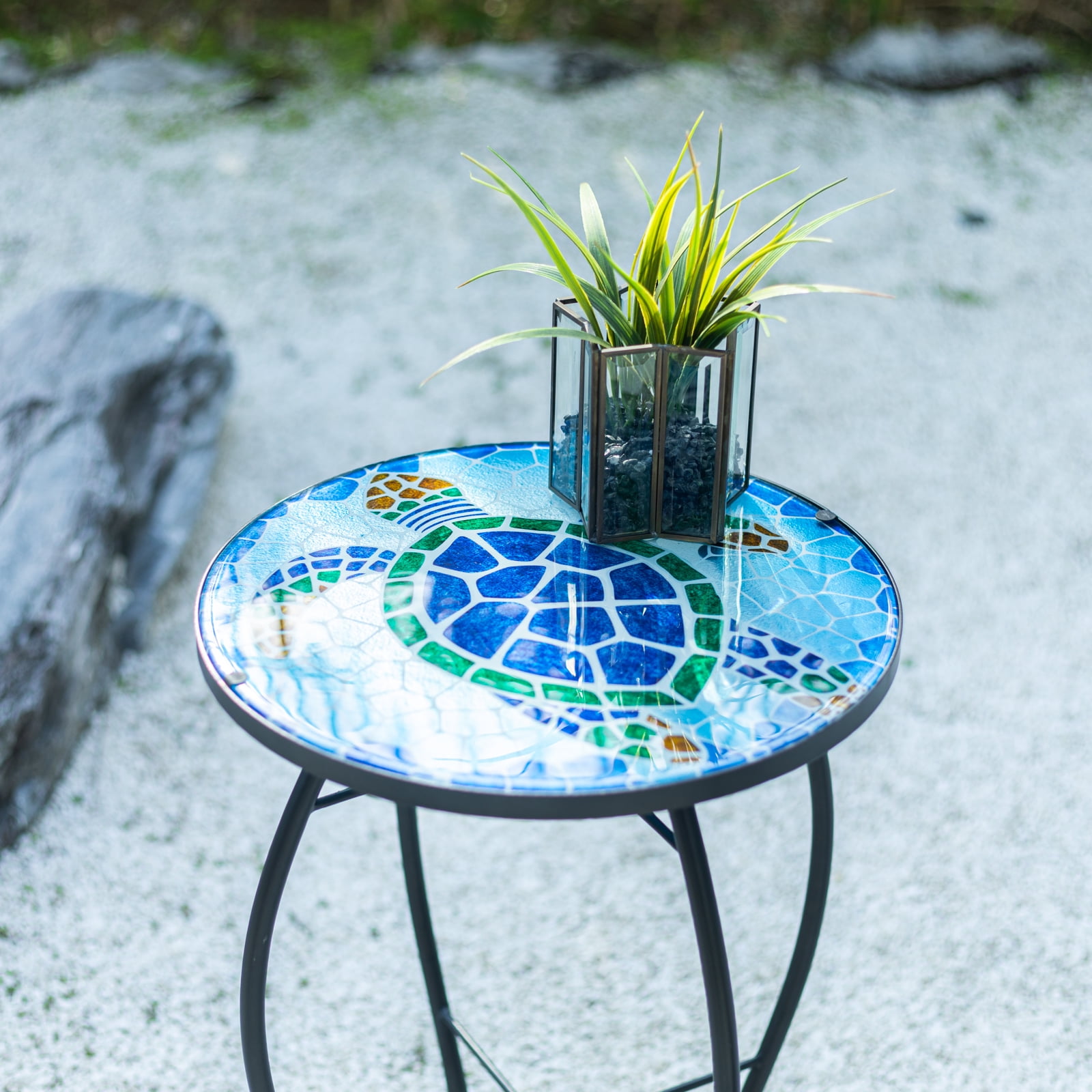 Wonder Garden 21 Inch Table Round Outdoor End Tables for Patio Mosaic Glass Tabletop Coffee Table Plant End Table Small Porch Table Indoor Green and Blue Sea Turtle - Image 2