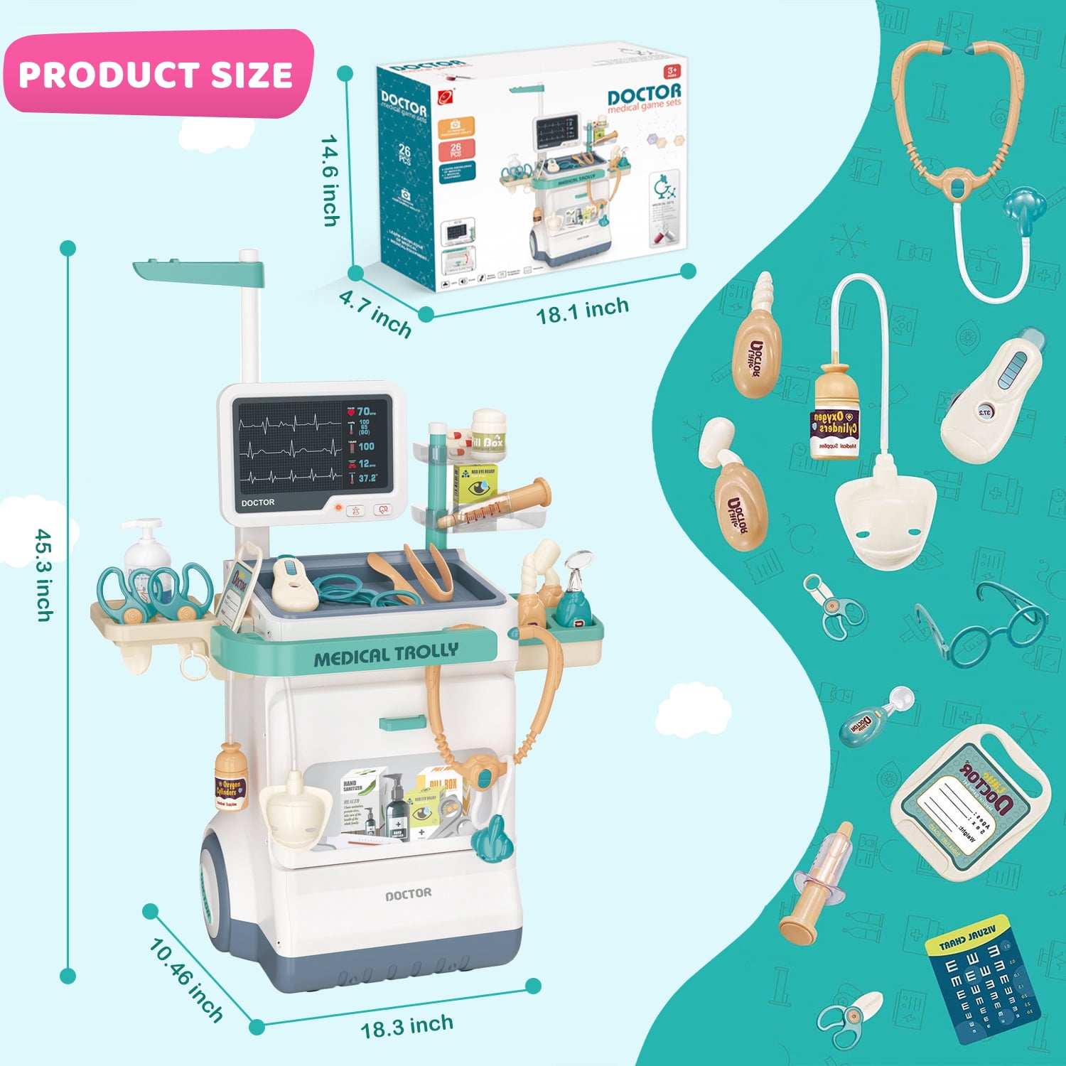 PayUSD Doctor Kit for Kids Doctor Set Pretend Play Medical Kit Station Set for Girls Boys Dr. Playset Role Play Mobile Cart Trolley for Toddler Toys Christmas Gift, 26 PCS - Image 4